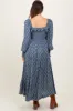 Blue Damask Print Smocked Ruffle Accent Maternity Maxi Dress sold by Pinkblush