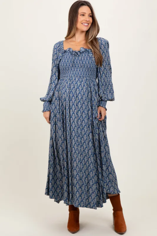 Blue Damask Print Smocked Ruffle Accent Maternity Maxi Dress sold by Pinkblush