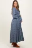 Blue Damask Print Smocked Ruffle Accent Maternity Maxi Dress sold by Pinkblush
