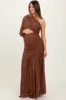 Mocha Ruched Mesh One Shoulder Asymmetric Maternity Maxi Dress sold by Pinkblush