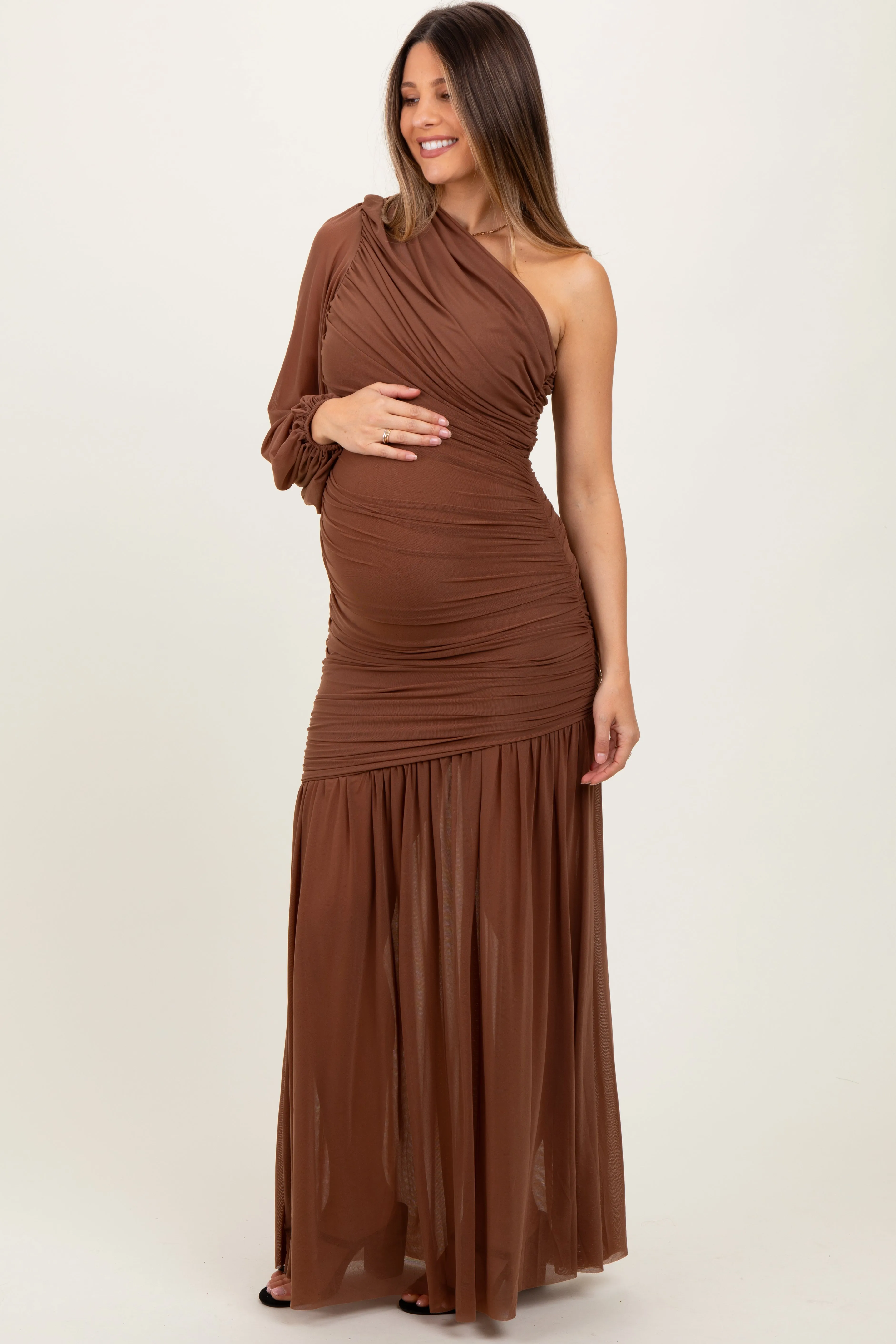 Mocha Ruched Mesh One Shoulder Asymmetric Maternity Maxi Dress sold by Pinkblush product image thumbnail 3