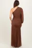 Mocha Ruched Mesh One Shoulder Asymmetric Maternity Maxi Dress sold by Pinkblush