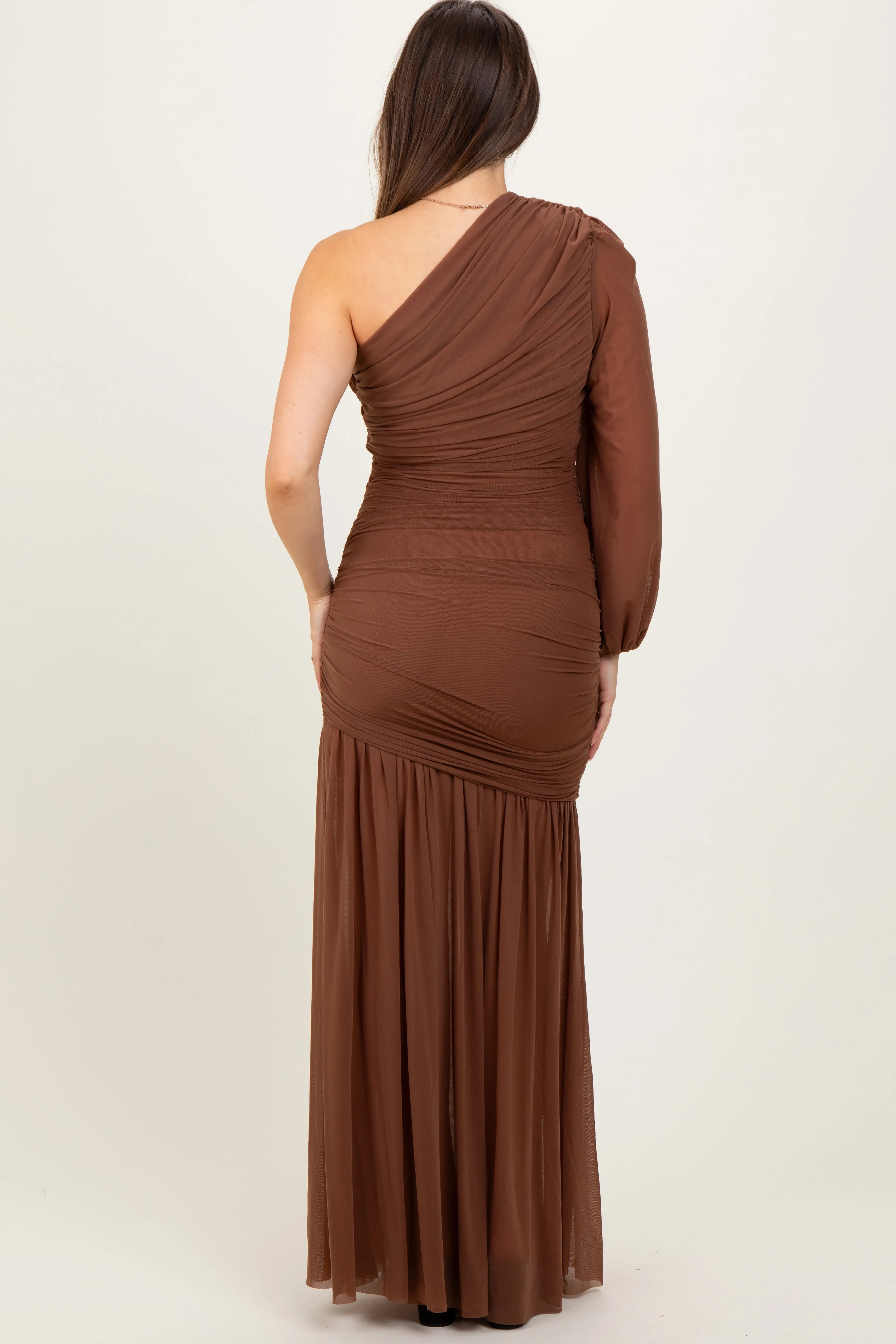 Mocha Ruched Mesh One Shoulder Asymmetric Maternity Maxi Dress sold by Pinkblush product image thumbnail 4