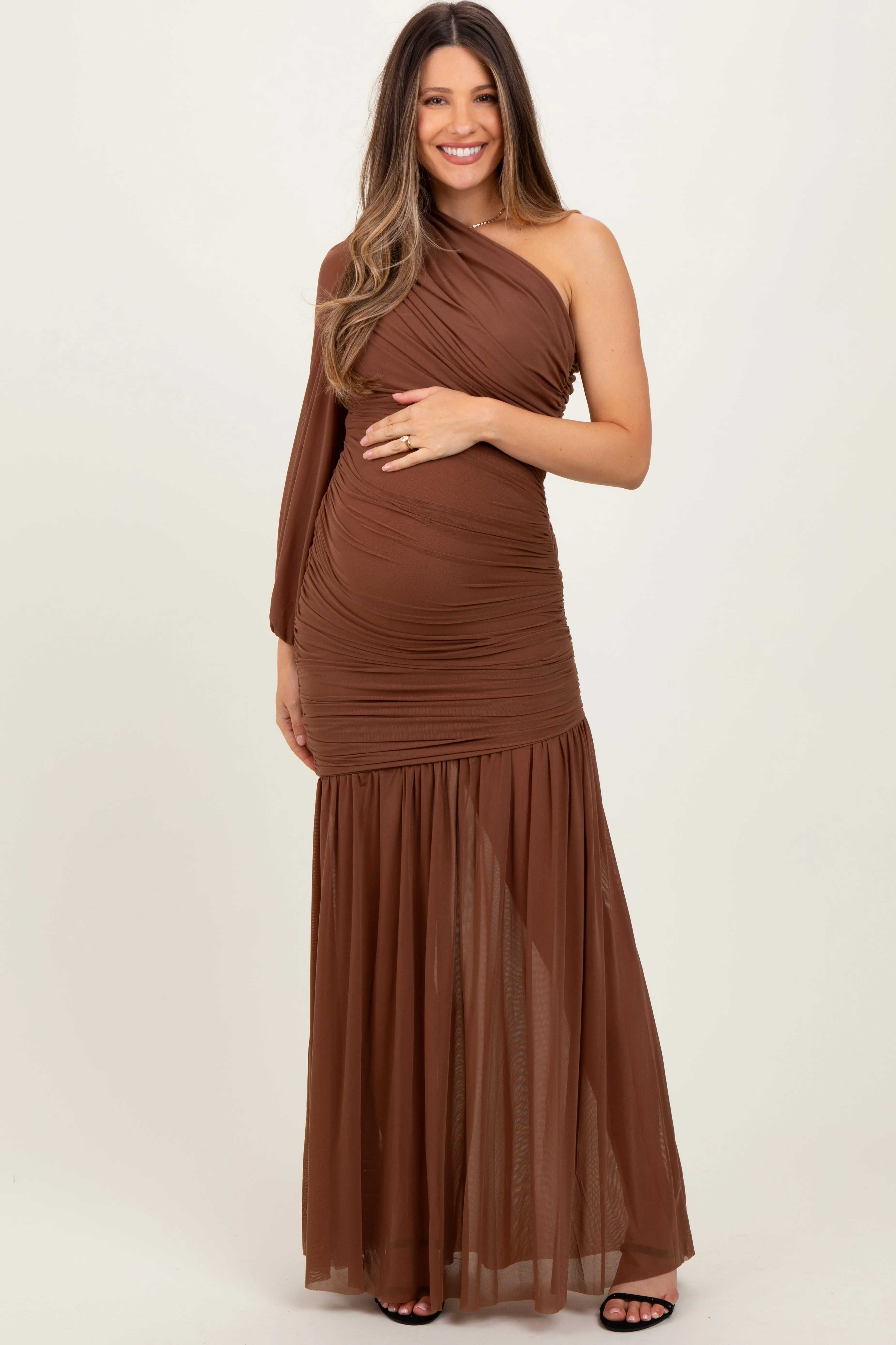 Mocha Ruched Mesh One Shoulder Asymmetric Maternity Maxi Dress sold by Pinkblush