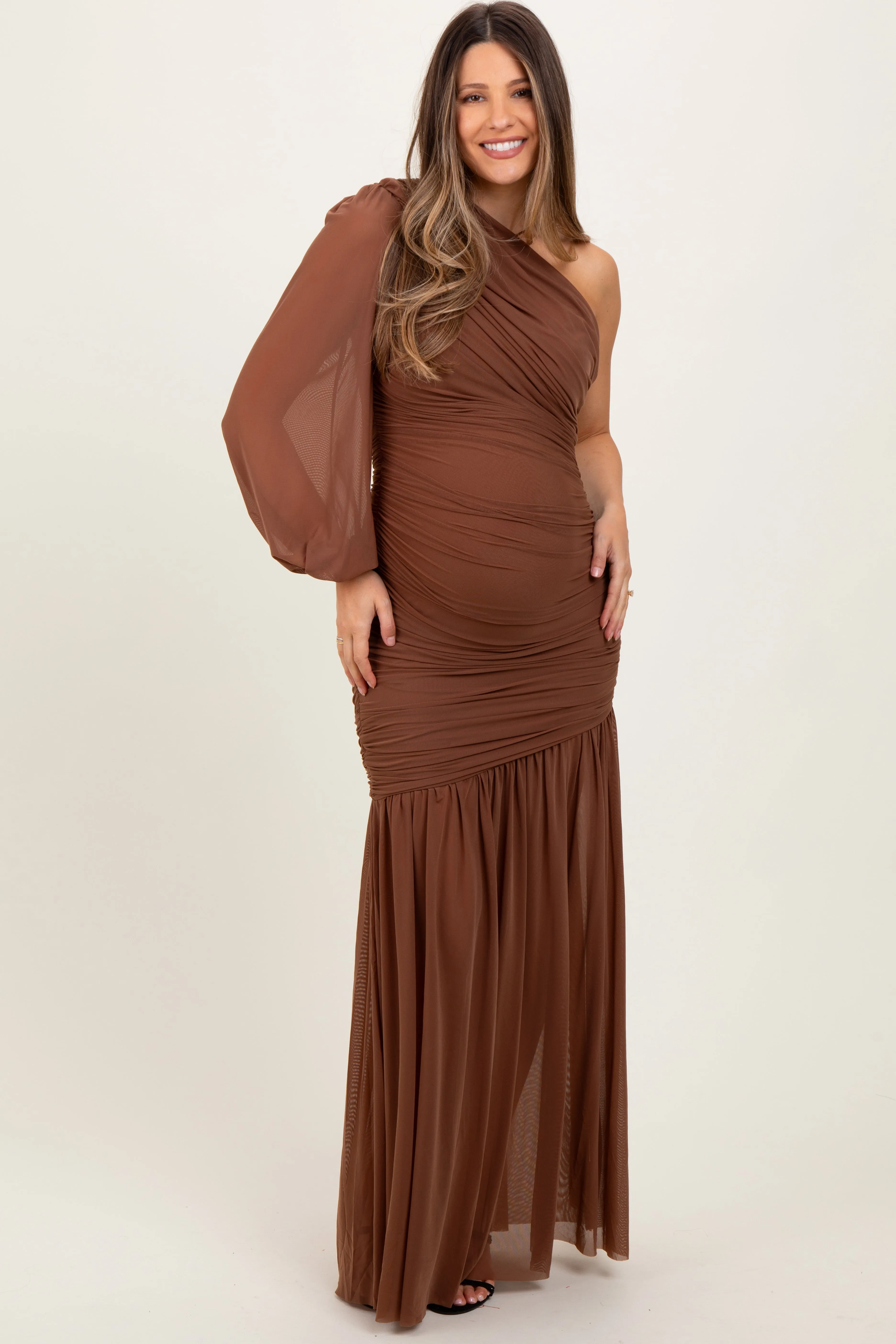 Mocha Ruched Mesh One Shoulder Asymmetric Maternity Maxi Dress sold by Pinkblush product image thumbnail 2