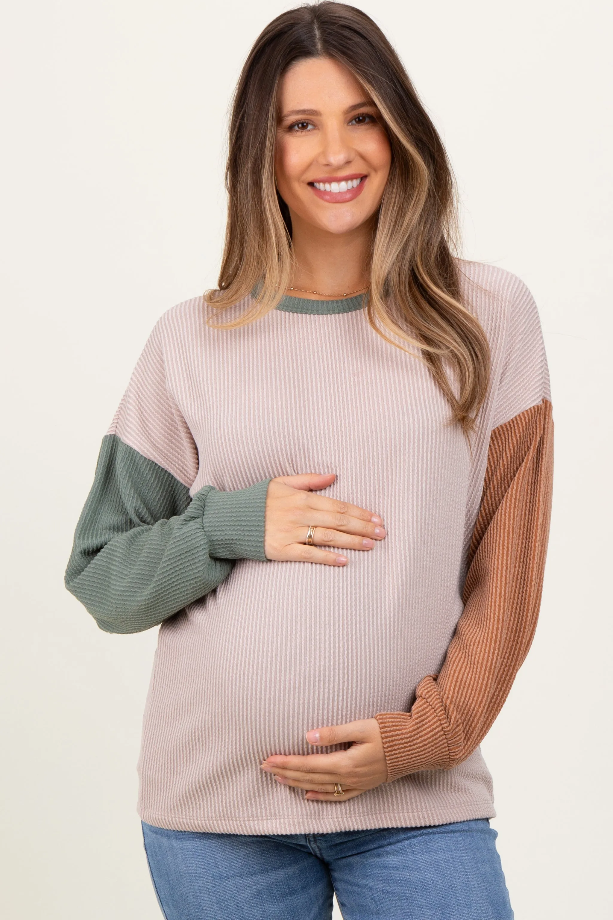 Beige Ribbed Colorblock Sleeve Maternity Long Sleeve Top sold by Pinkblush product image thumbnail 2