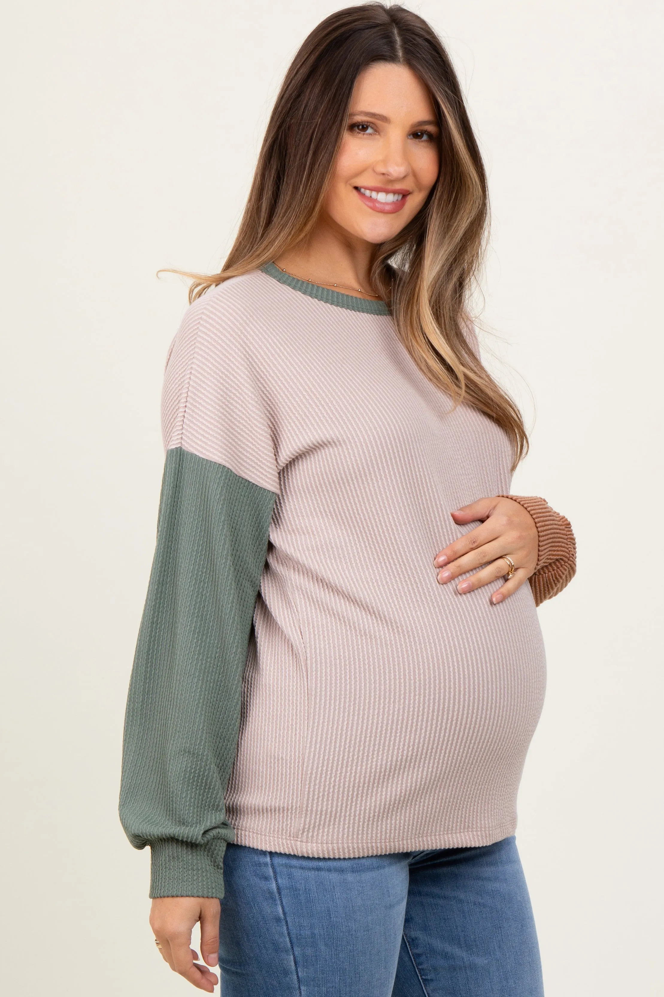 Beige Ribbed Colorblock Sleeve Maternity Long Sleeve Top sold by Pinkblush product image thumbnail 3