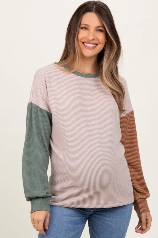 Beige Ribbed Colorblock Sleeve Maternity Long Sleeve Top sold by Pinkblush