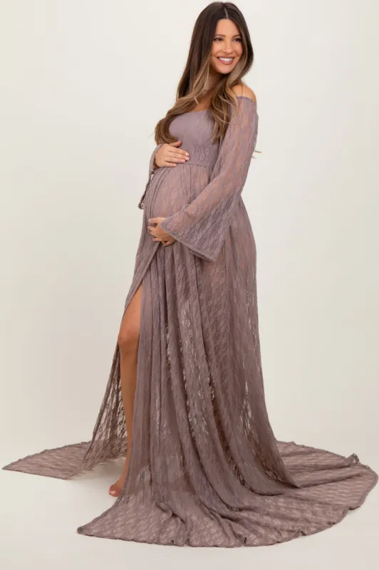 Mocha Lace Off Shoulder Maternity Photoshoot Gown/Dress sold by Pinkblush