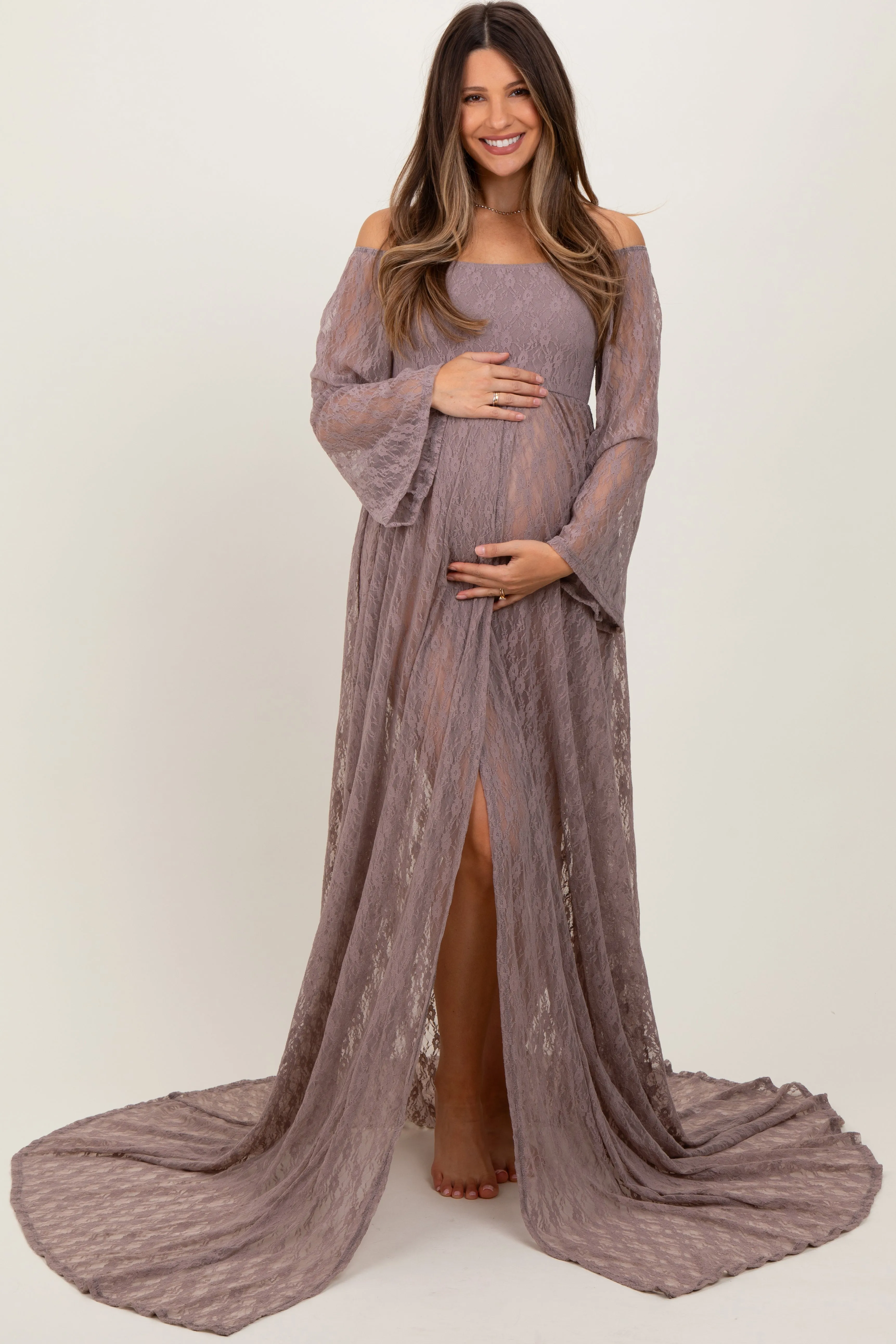 Mocha Lace Off Shoulder Maternity Photoshoot Gown/Dress sold by Pinkblush product image thumbnail 2