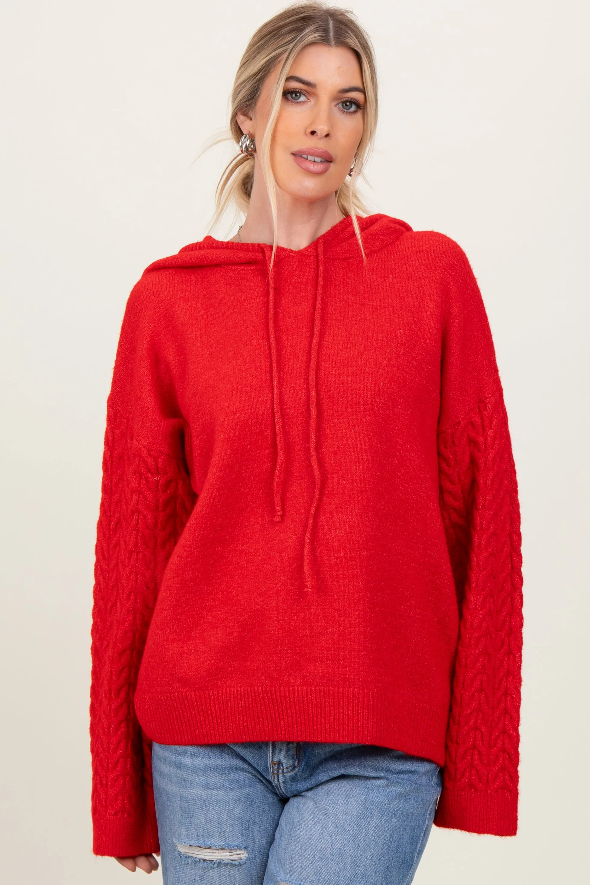 Red Mixed Knit Hooded Sweater sold by Pinkblush