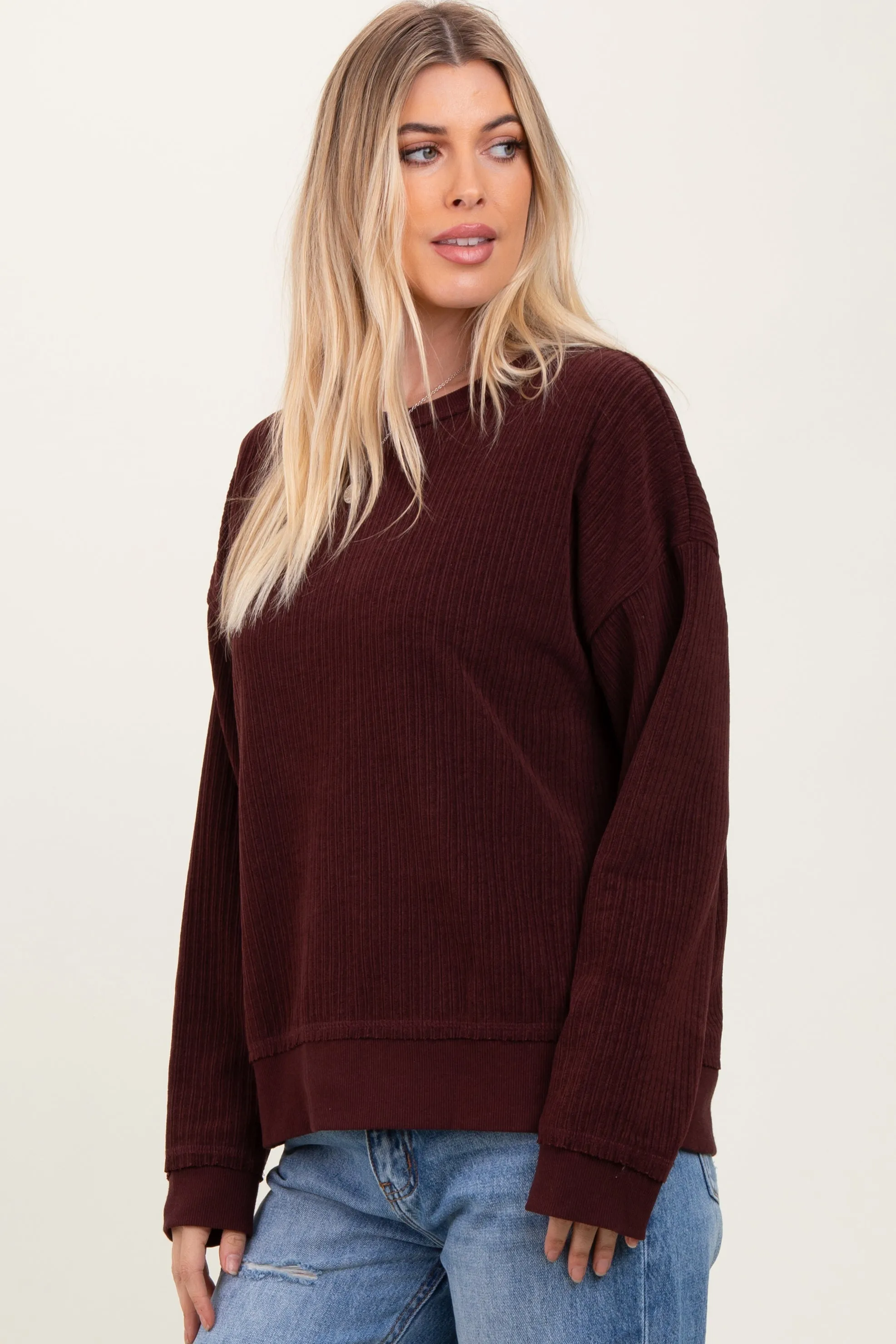 Burgundy Ribbed Brushed Knit Pullover Top sold by Pinkblush product image thumbnail 3