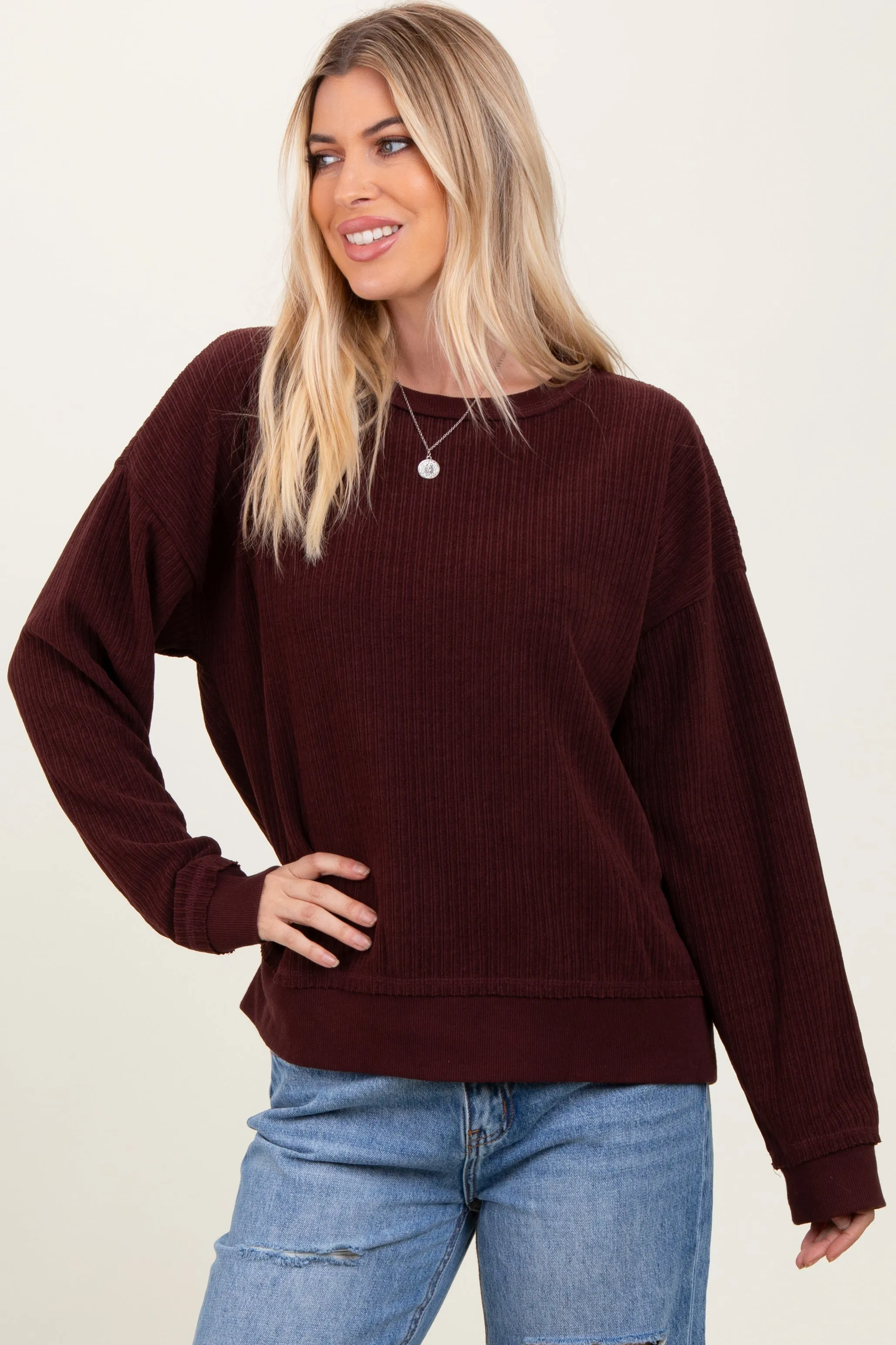Burgundy Ribbed Brushed Knit Pullover Top sold by Pinkblush product image thumbnail 2