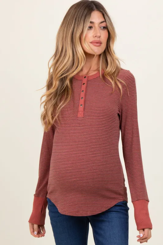 Rust Striped Snap Button Henley Maternity Top sold by Pinkblush