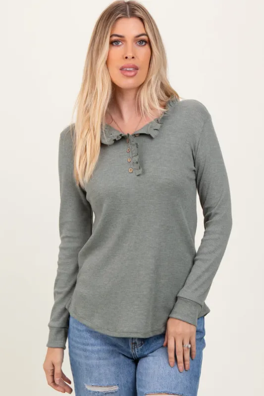 Olive Ruffle Collar Micro Waffle Knit Henley Top sold by Pinkblush