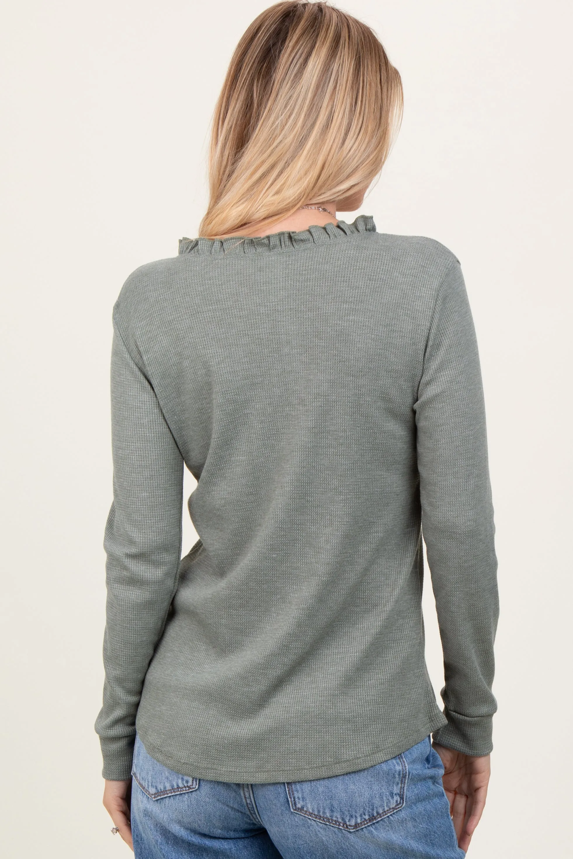 Olive Ruffle Collar Micro Waffle Knit Henley Top sold by Pinkblush product image thumbnail 4