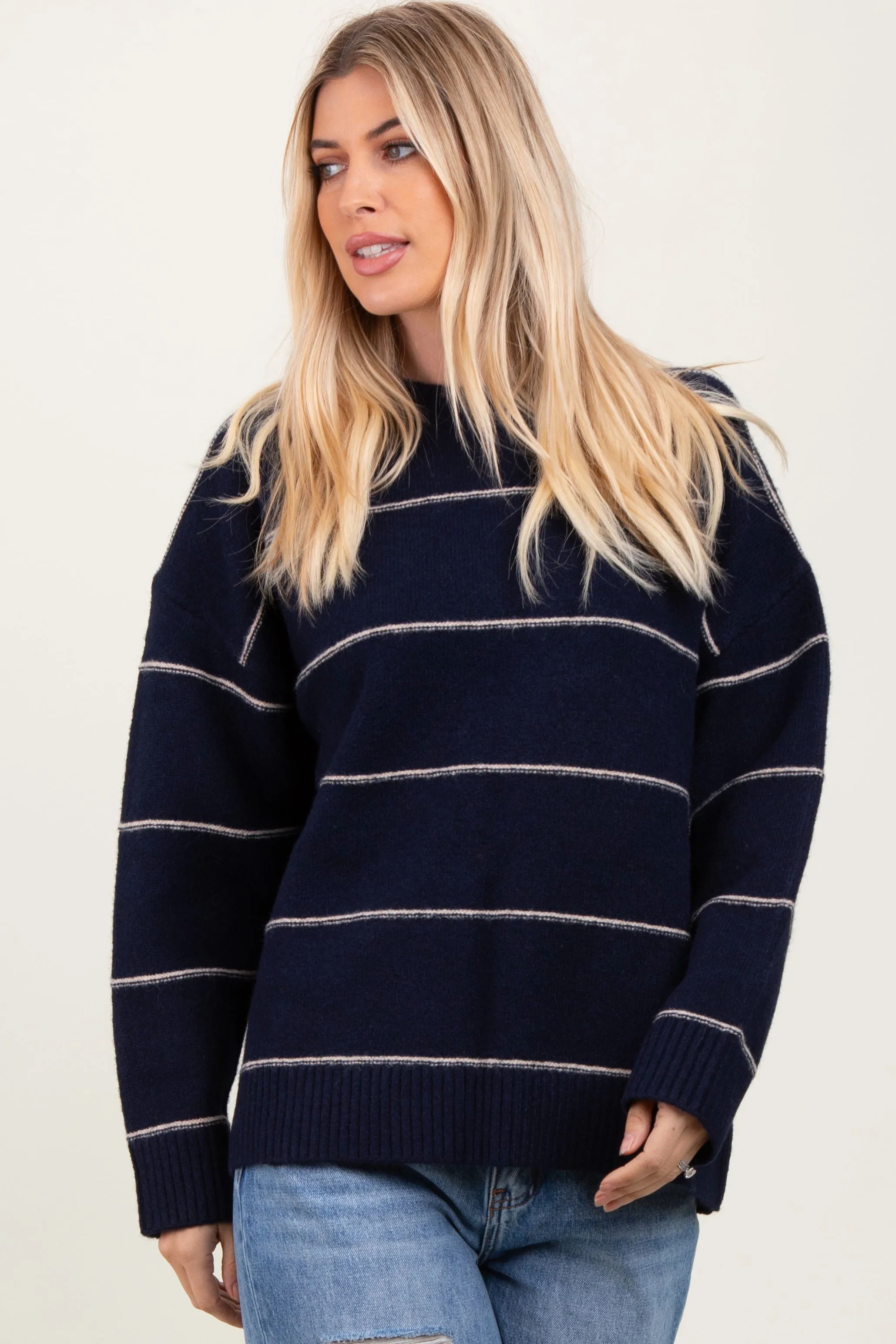 Navy Striped Drop Shoulder Sweater sold by Pinkblush