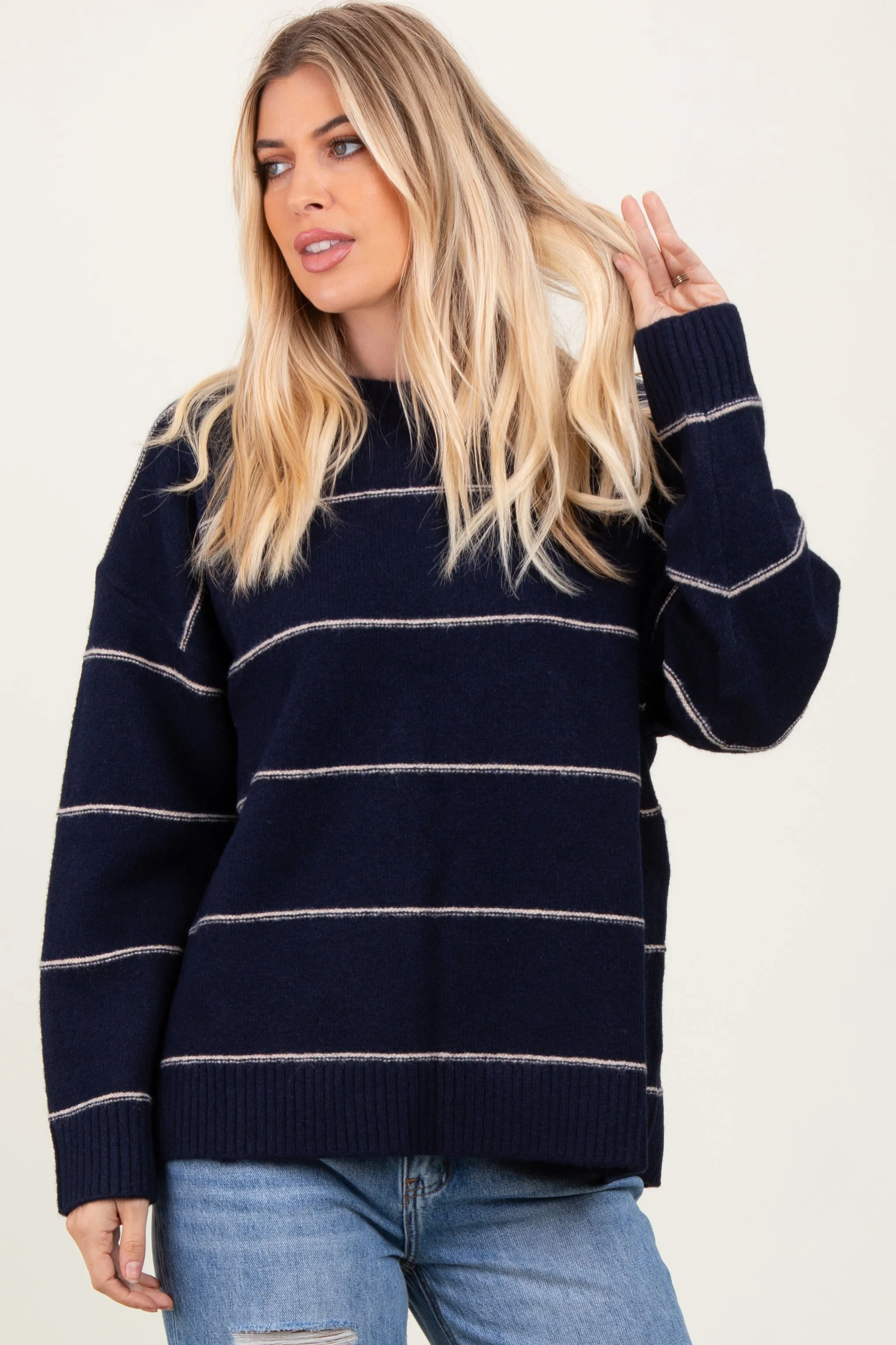 Navy Striped Drop Shoulder Sweater sold by Pinkblush product image thumbnail 2