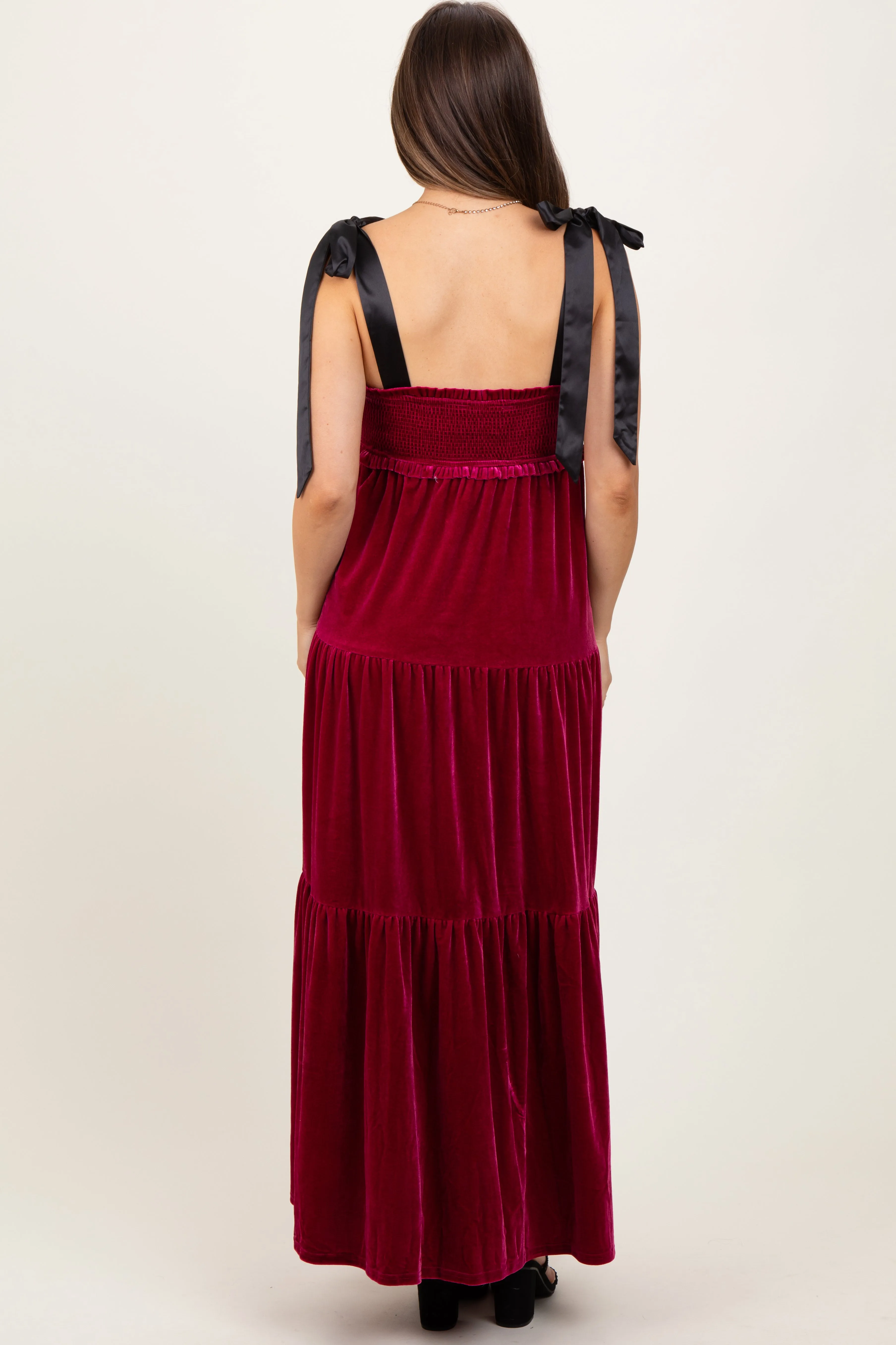 Burgundy Velvet Smocked Satin Shoulder Tie Maternity Maxi Dress sold by Pinkblush product image thumbnail 3