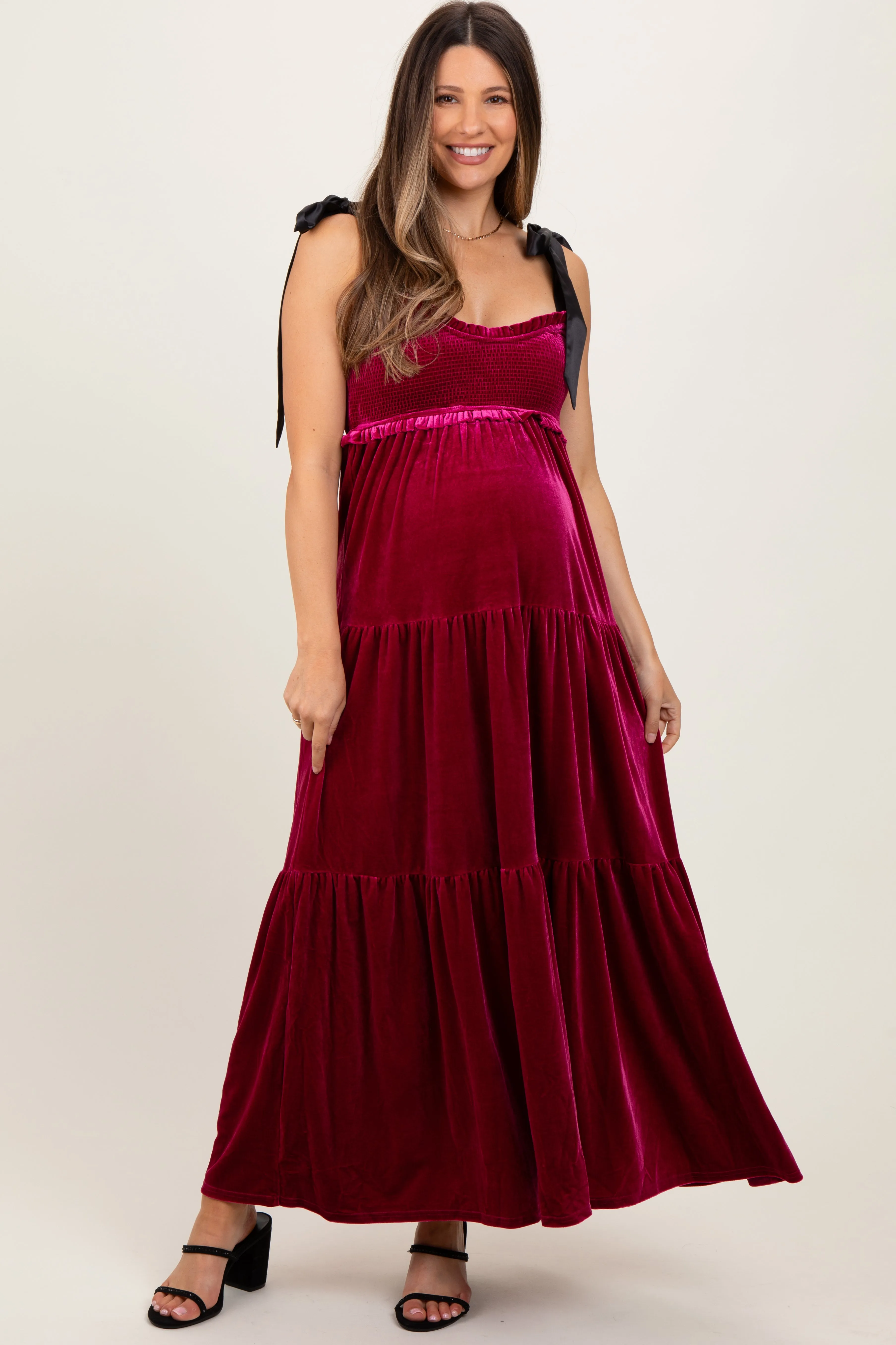 Burgundy Velvet Smocked Satin Shoulder Tie Maternity Maxi Dress sold by Pinkblush