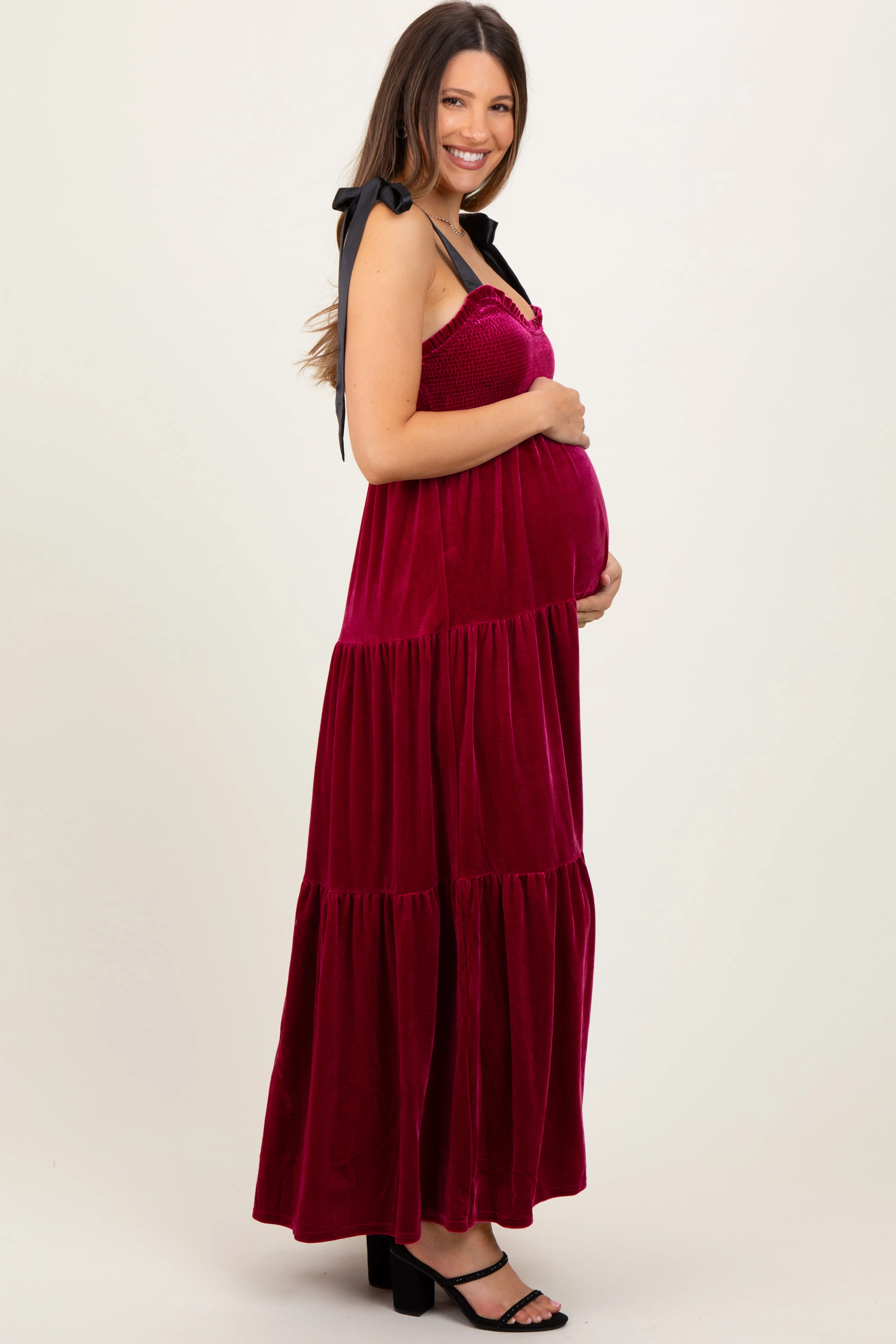 Burgundy Velvet Smocked Satin Shoulder Tie Maternity Maxi Dress sold by Pinkblush product image thumbnail 2