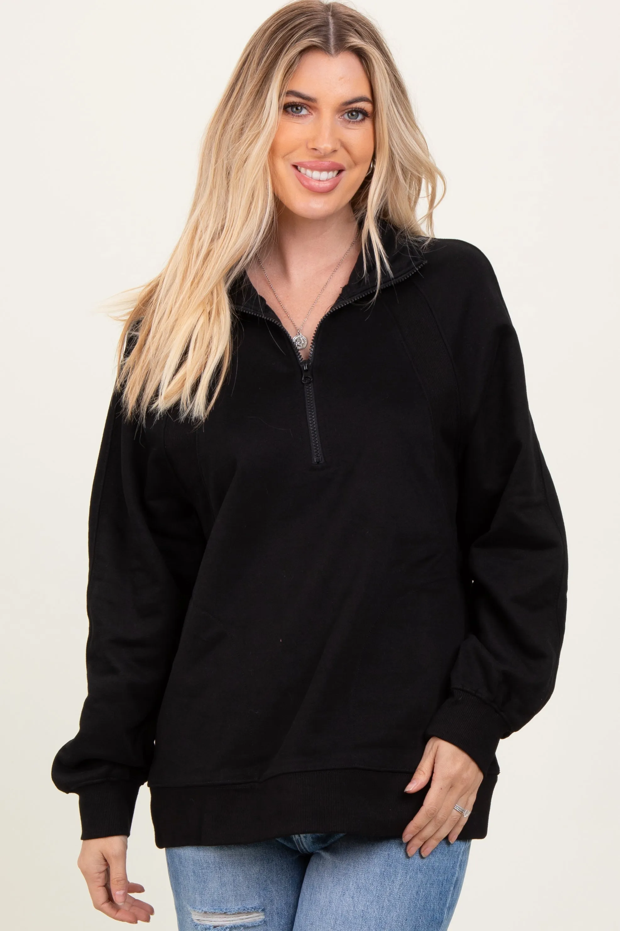 Black Half Zip Contrast Rib Sweatshirt Top sold by Pinkblush