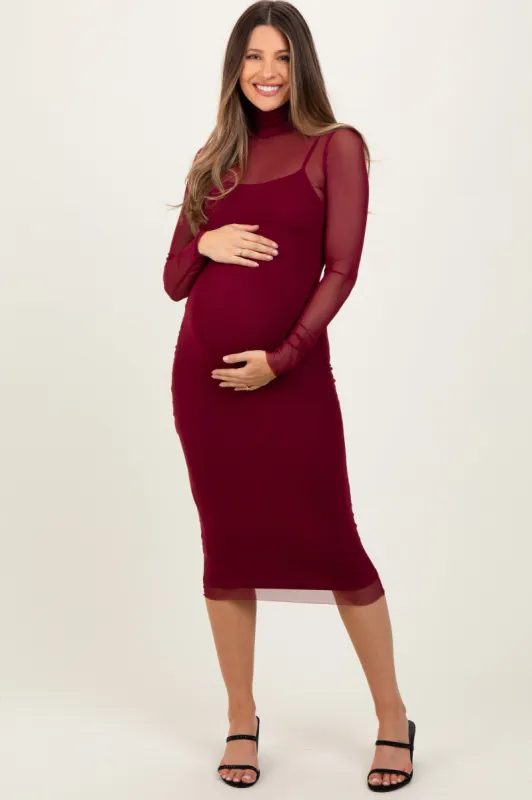 Burgundy Mesh Overlay Fitted Maternity Midi Dress sold by Pinkblush