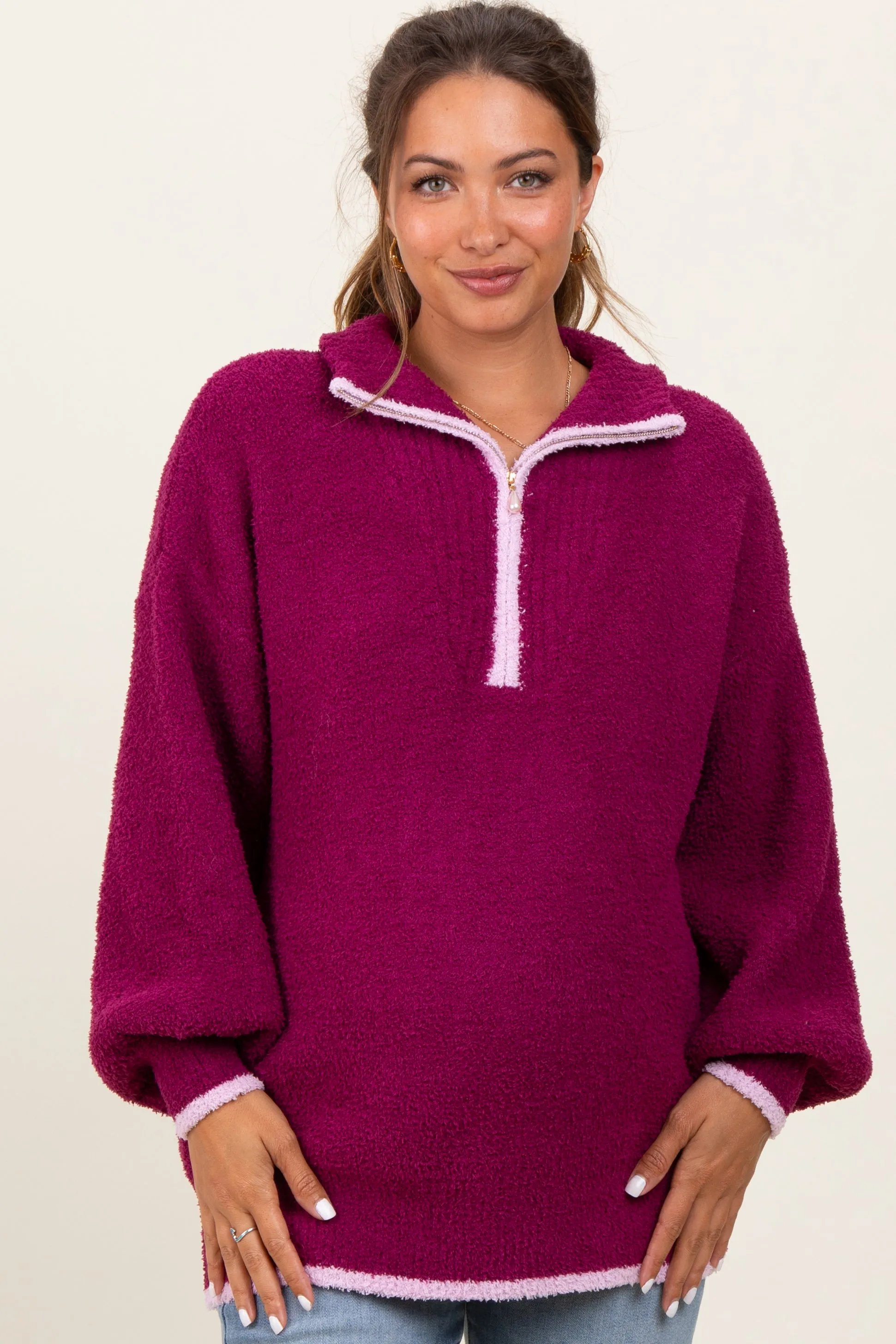 Magenta Soft Fuzzy Knit Quarter Zip Maternity Pullover Sweater sold by Pinkblush product image thumbnail 2
