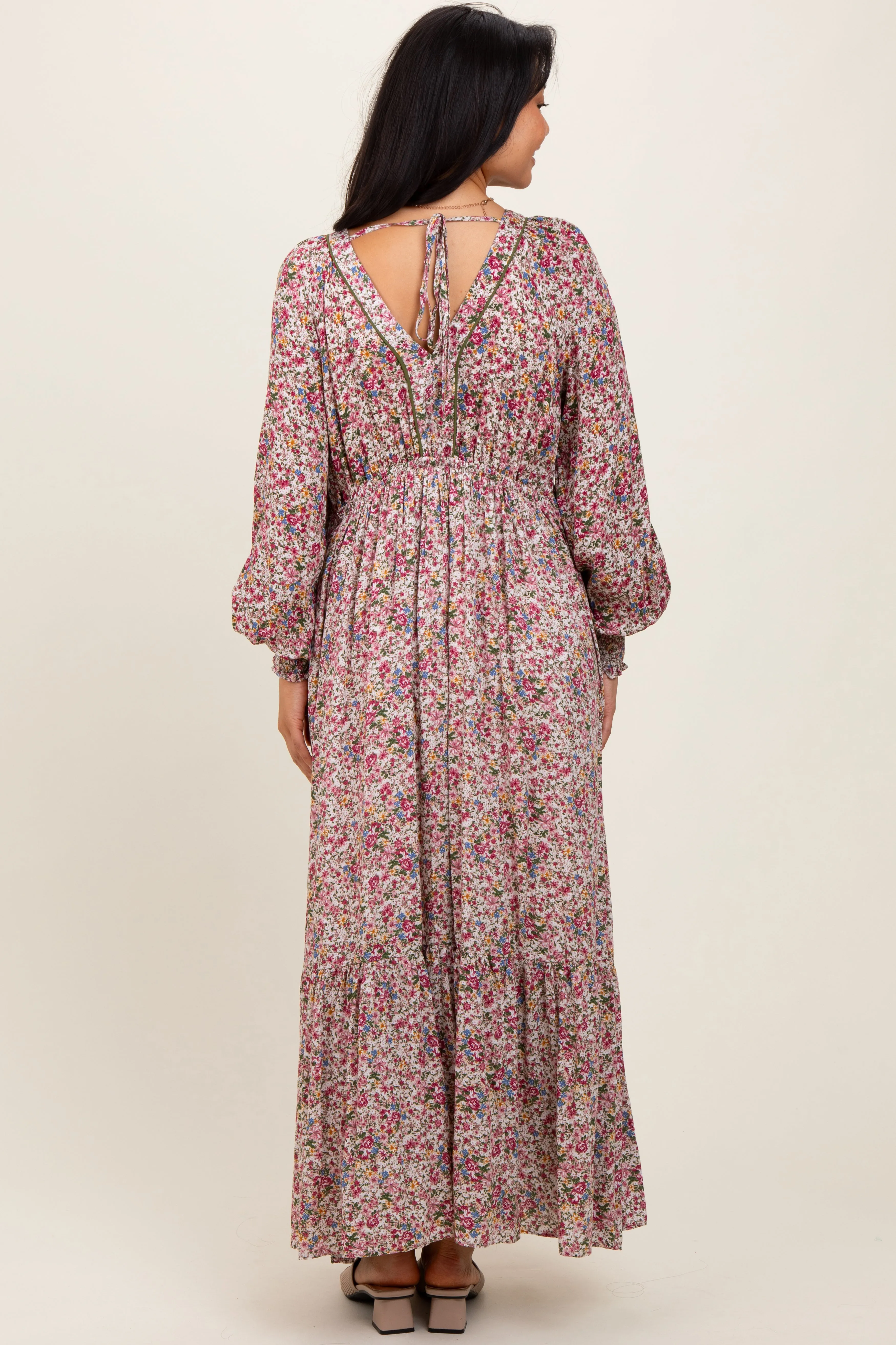 Cream Floral V-Neck Bubble Sleeve Maxi Dress sold by Pinkblush product image thumbnail 3