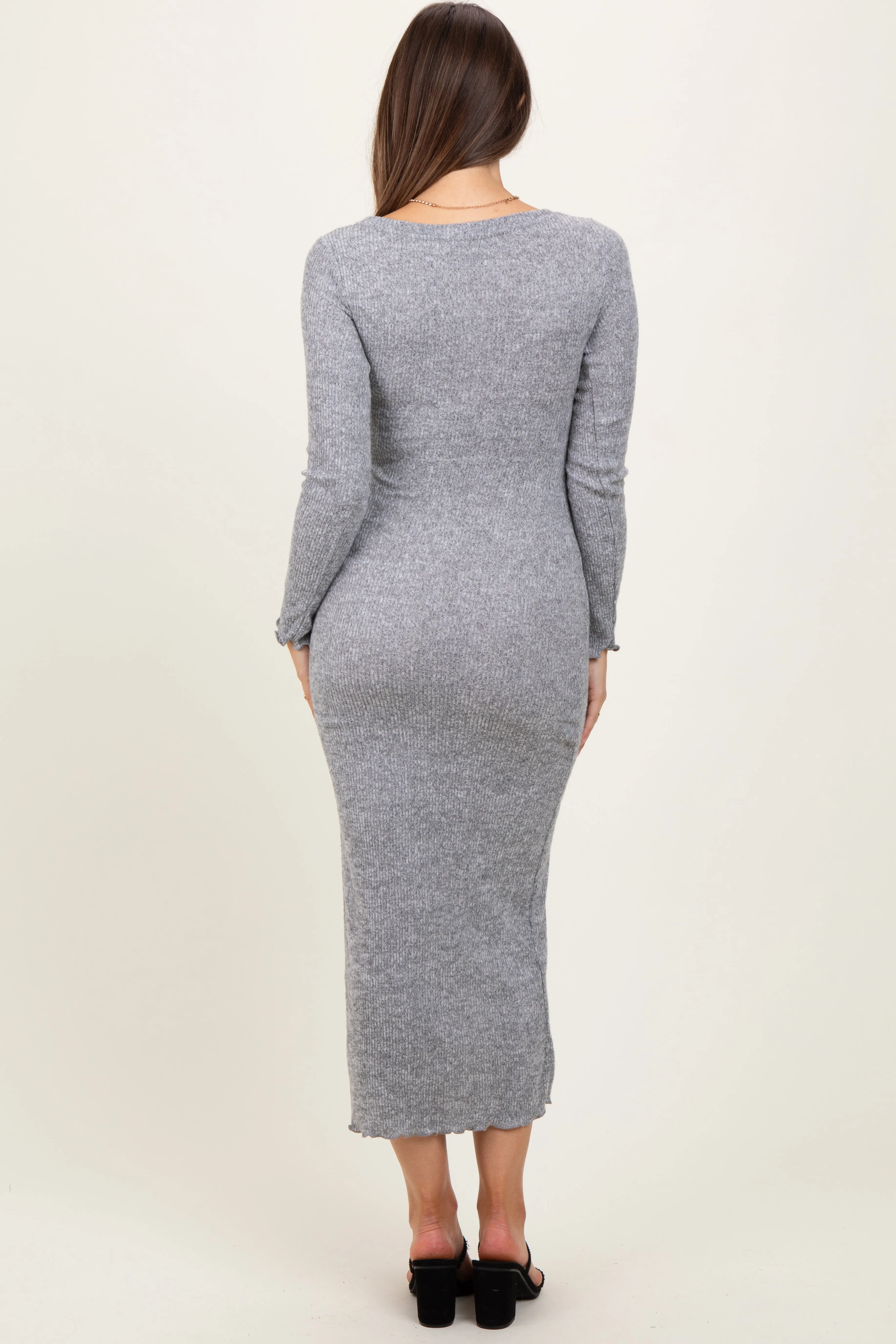 Heather Grey Knit Side Slit Lettuce Trim Maternity Maxi Dress sold by Pinkblush product image thumbnail 4
