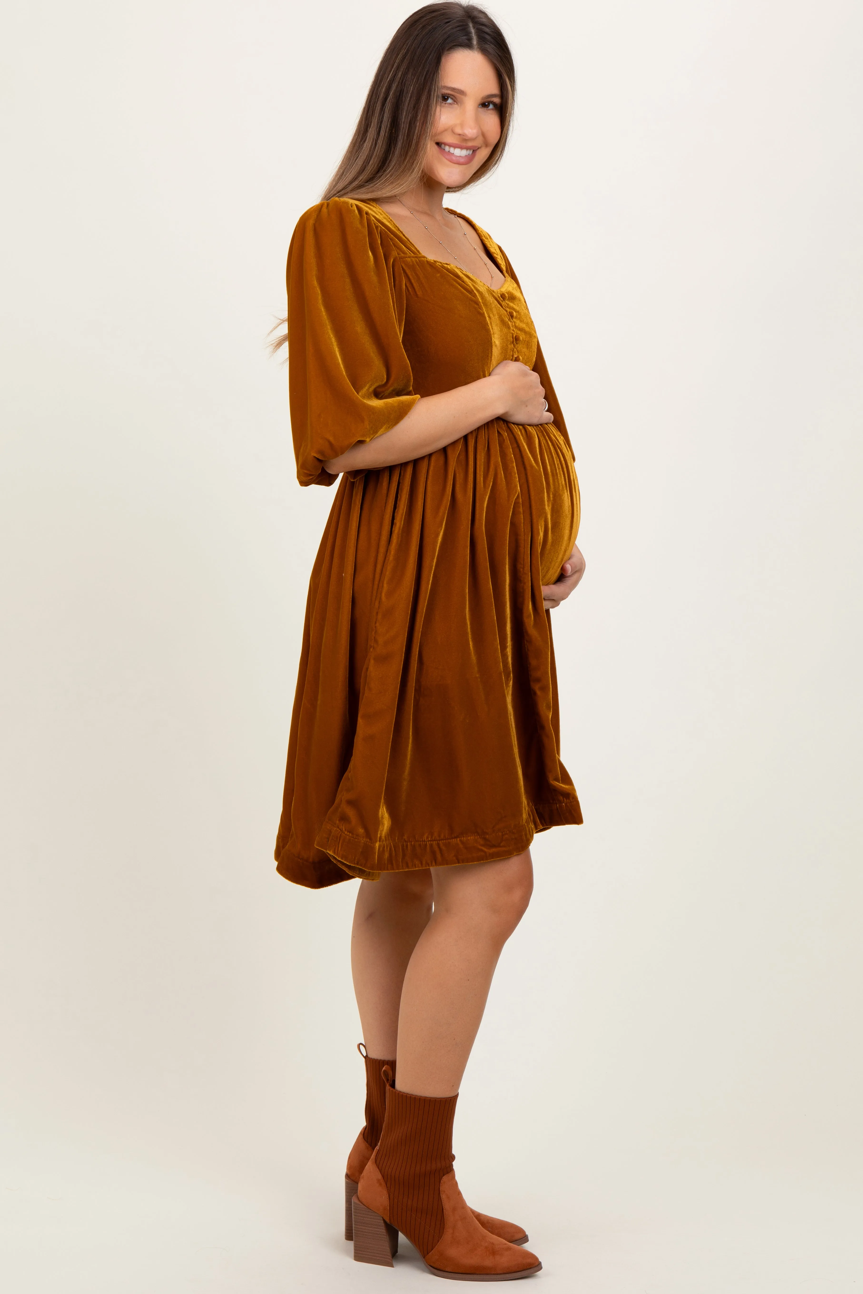 Camel Velvet Sweetheart Button Accent Maternity Dress sold by Pinkblush product image thumbnail 2