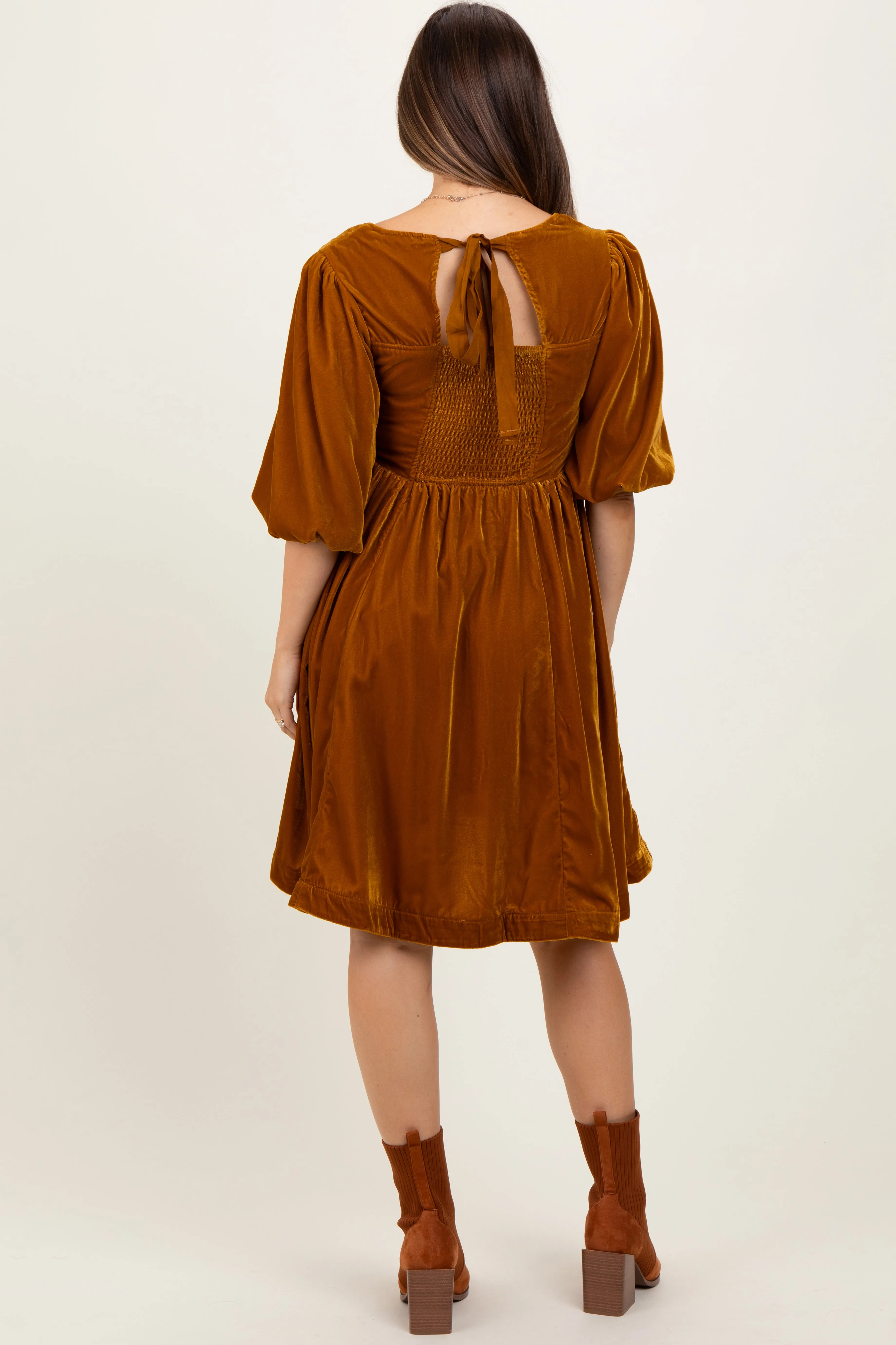 Camel Velvet Sweetheart Button Accent Maternity Dress sold by Pinkblush product image thumbnail 3