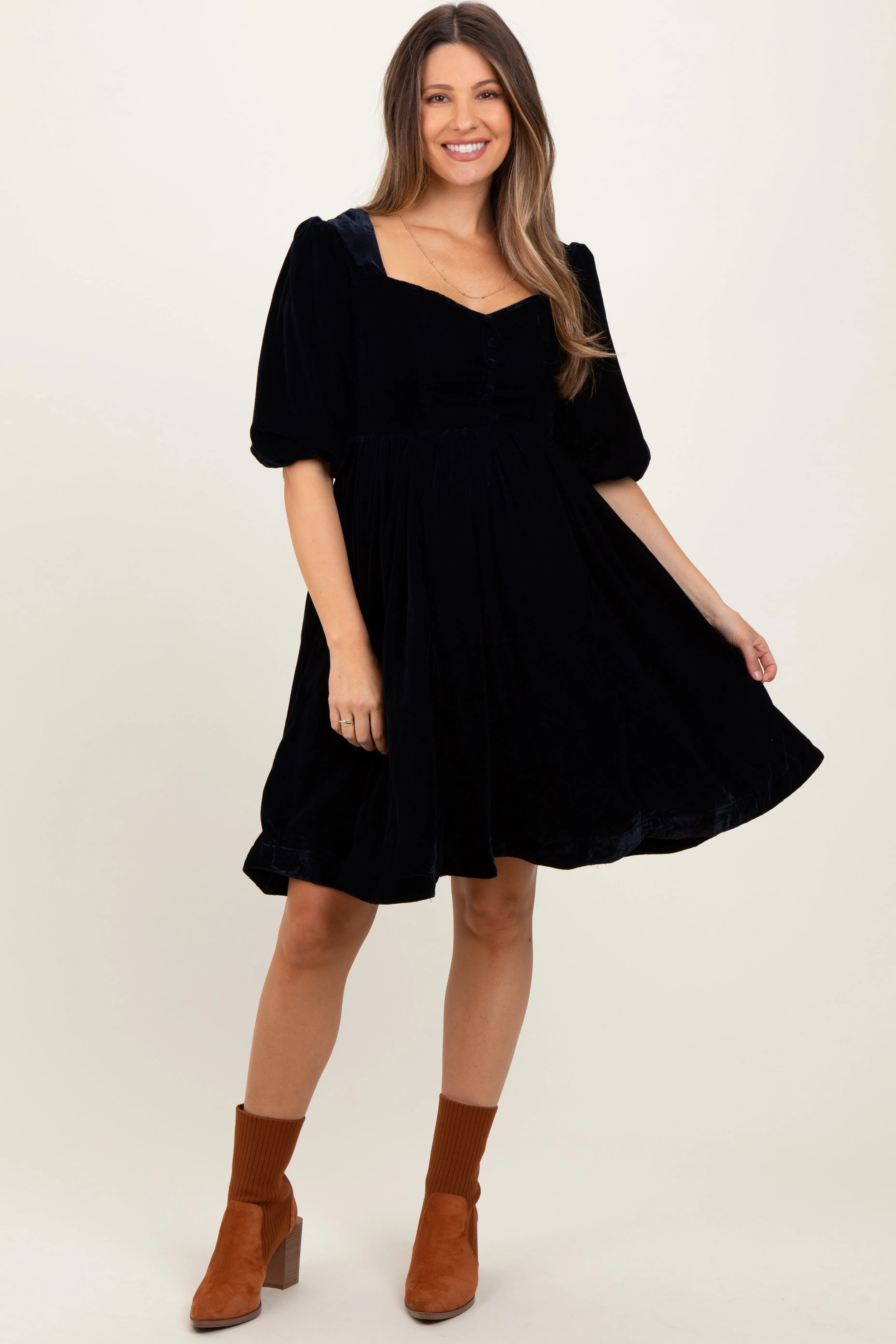 Black Velvet Sweetheart Button Accent Maternity Dress sold by Pinkblush product image thumbnail 2