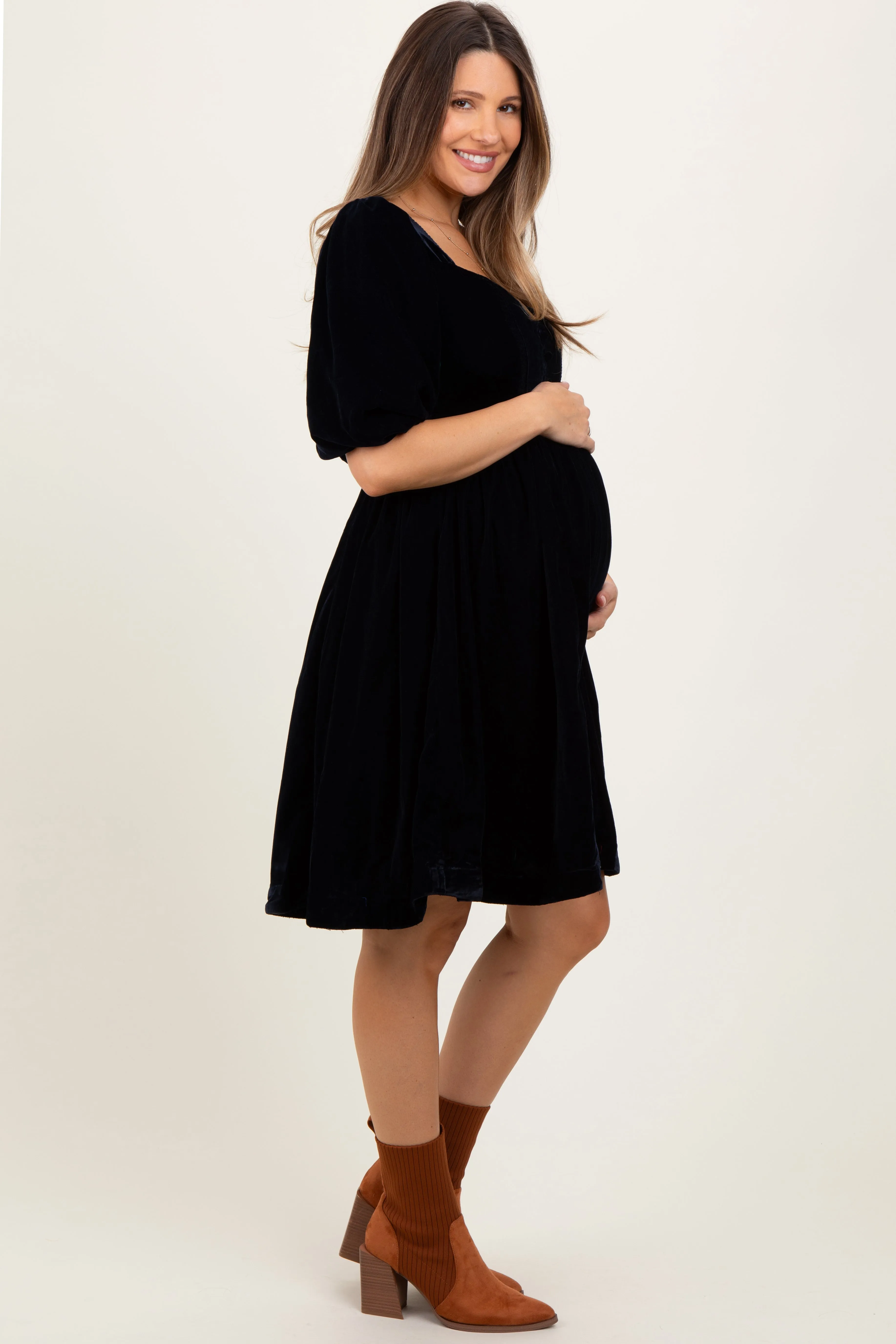 Black Velvet Sweetheart Button Accent Maternity Dress sold by Pinkblush product image thumbnail 3