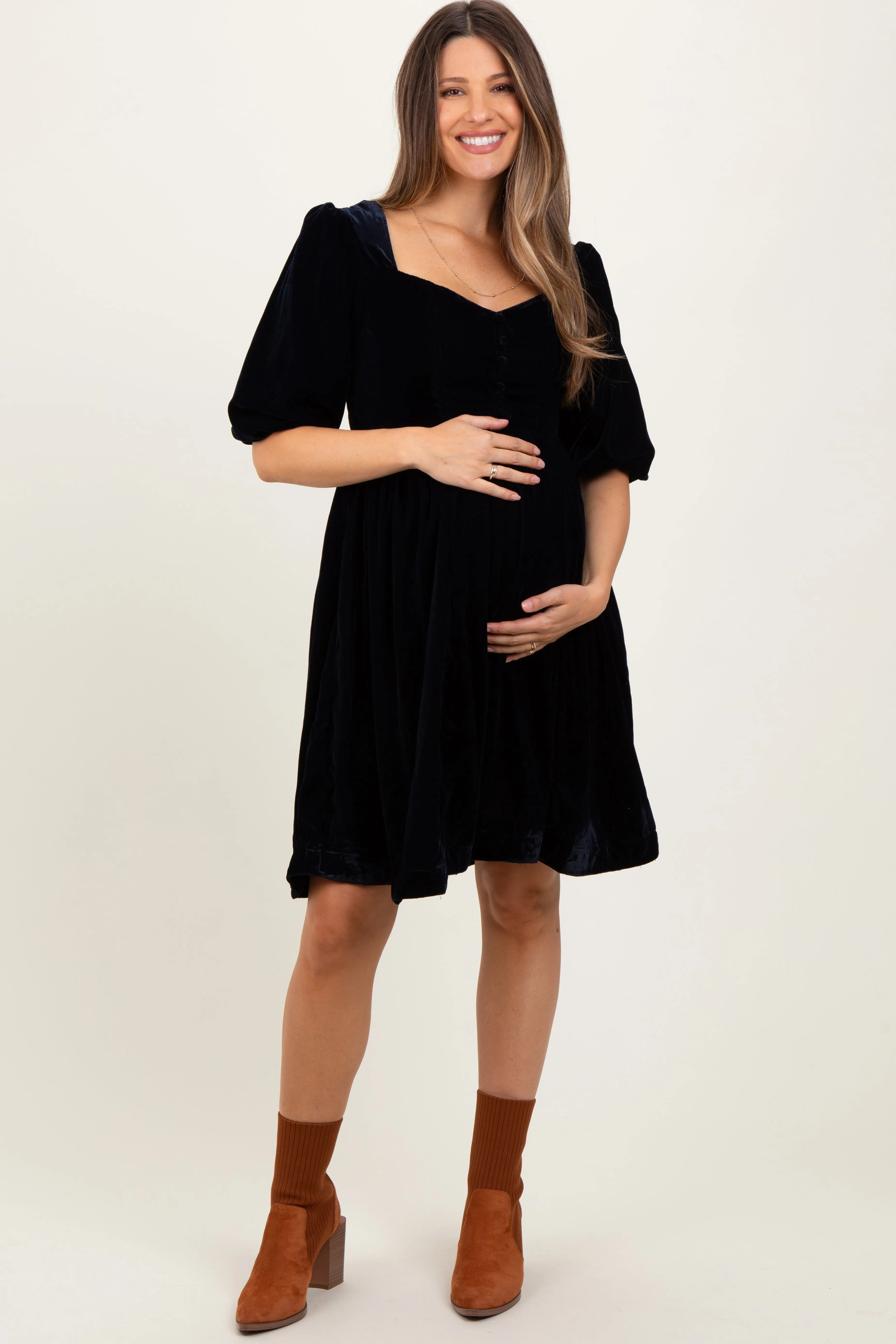 Black Velvet Sweetheart Button Accent Maternity Dress sold by Pinkblush