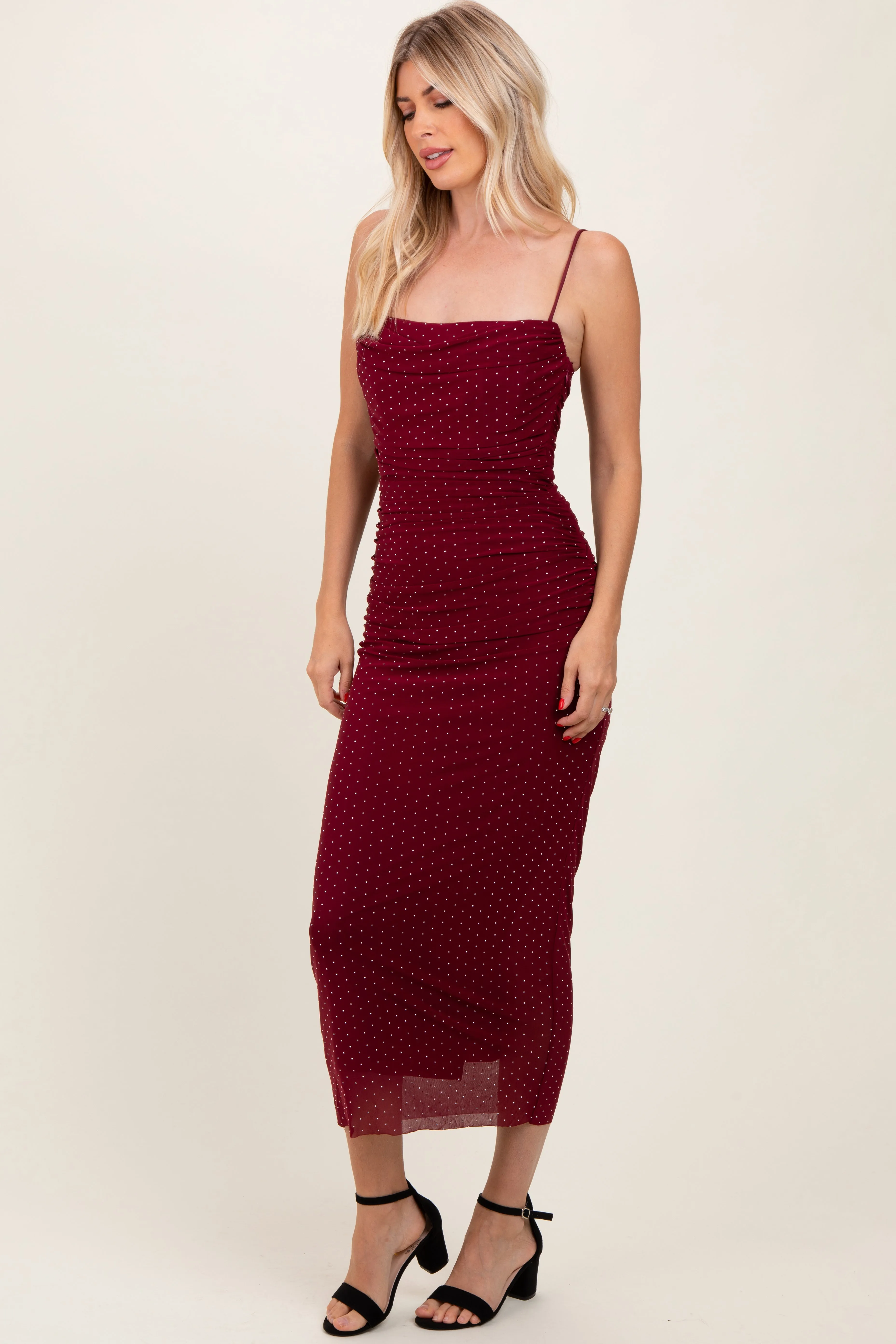 Burgundy Rhinestone Fitted Ruched Maxi Dress sold by Pinkblush product image thumbnail 2