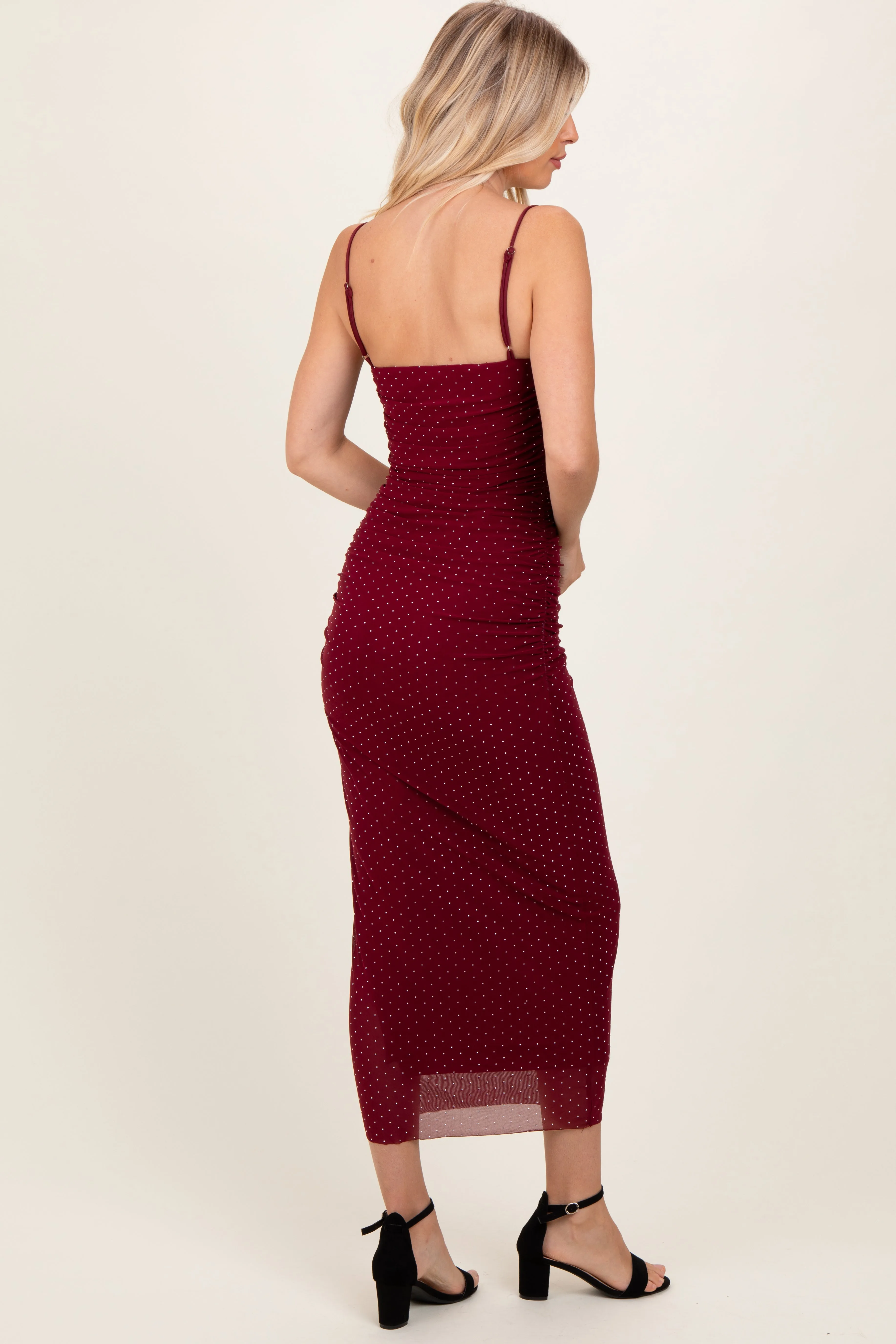 Burgundy Rhinestone Fitted Ruched Maxi Dress sold by Pinkblush product image thumbnail 3