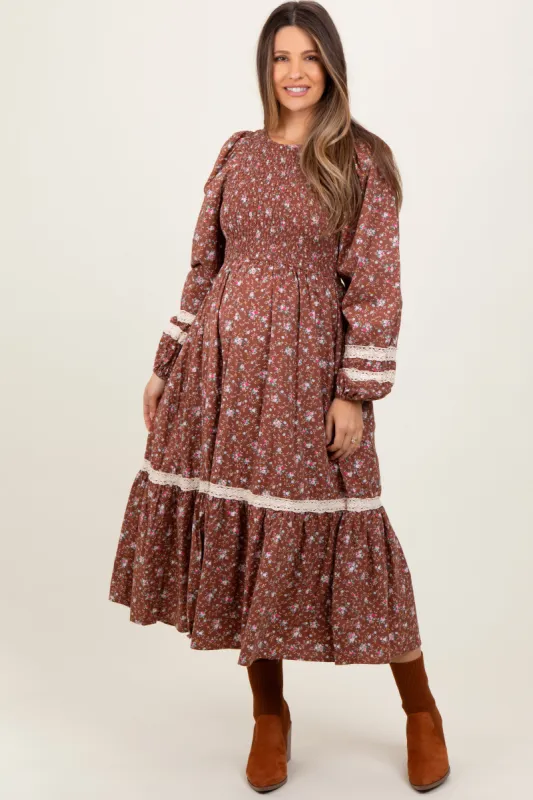 Mocha Smocked Floral Crochet Lace Trim Maternity Maxi Dress sold by Pinkblush