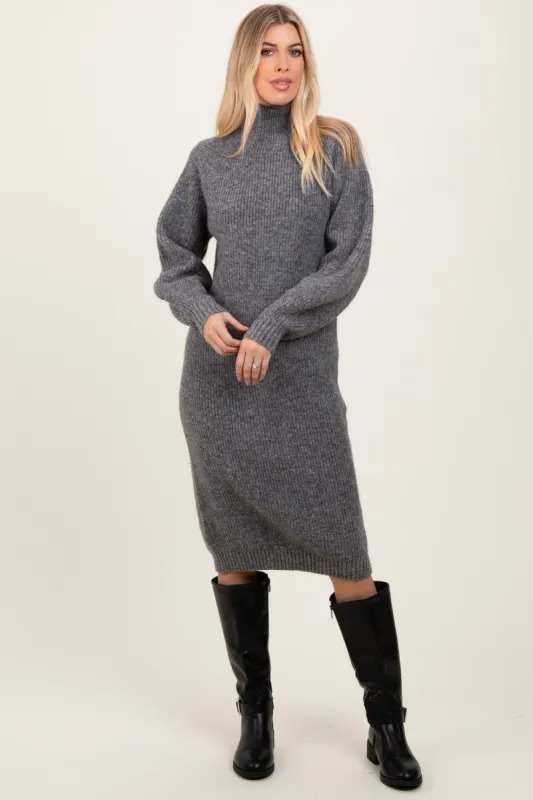 Charcoal Mock Neck Bubble Sleeve Midi Sweater Dress sold by Pinkblush