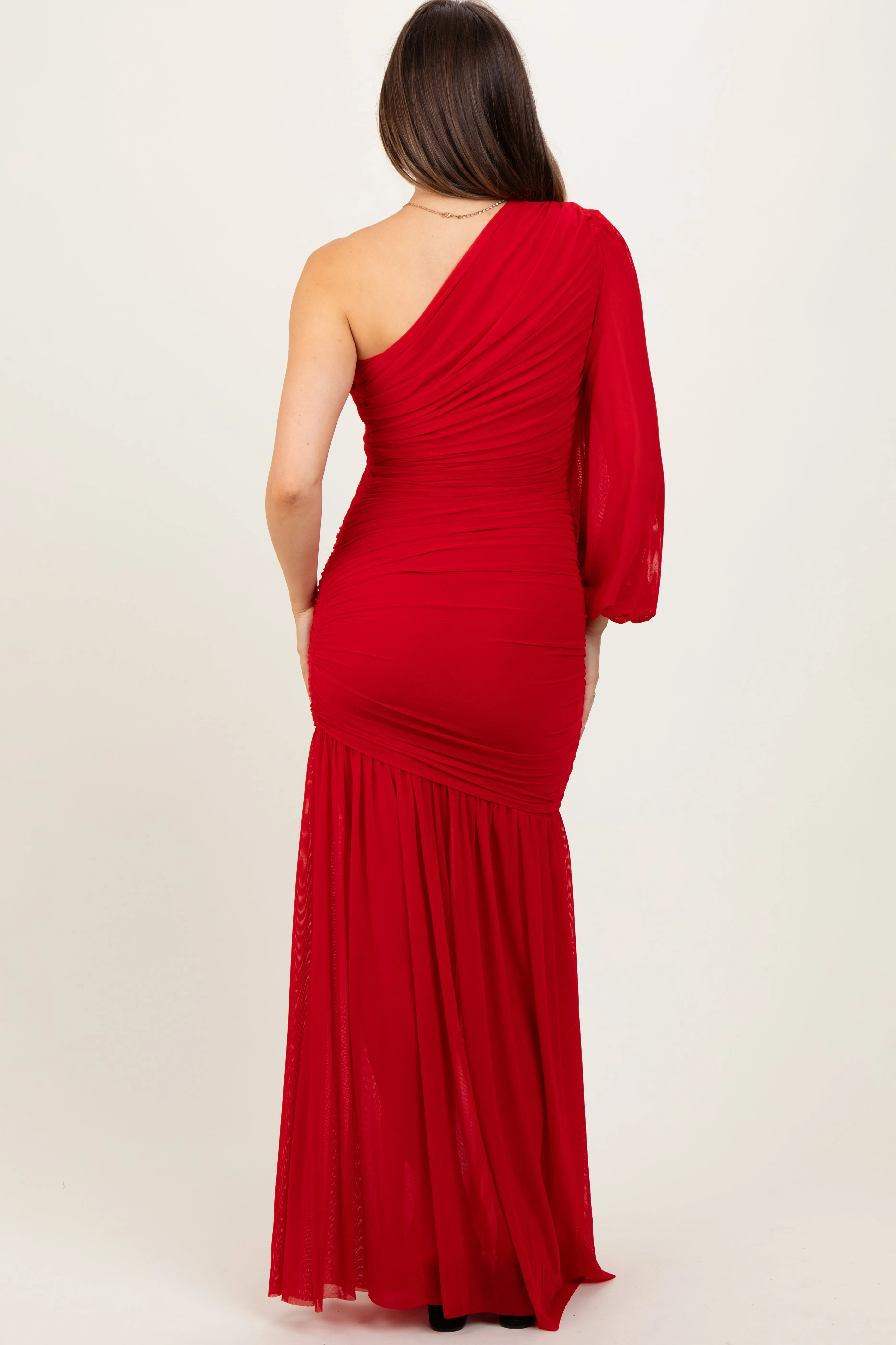 Red Ruched Mesh One Shoulder Asymmetric Maternity Maxi Dress sold by Pinkblush product image thumbnail 4