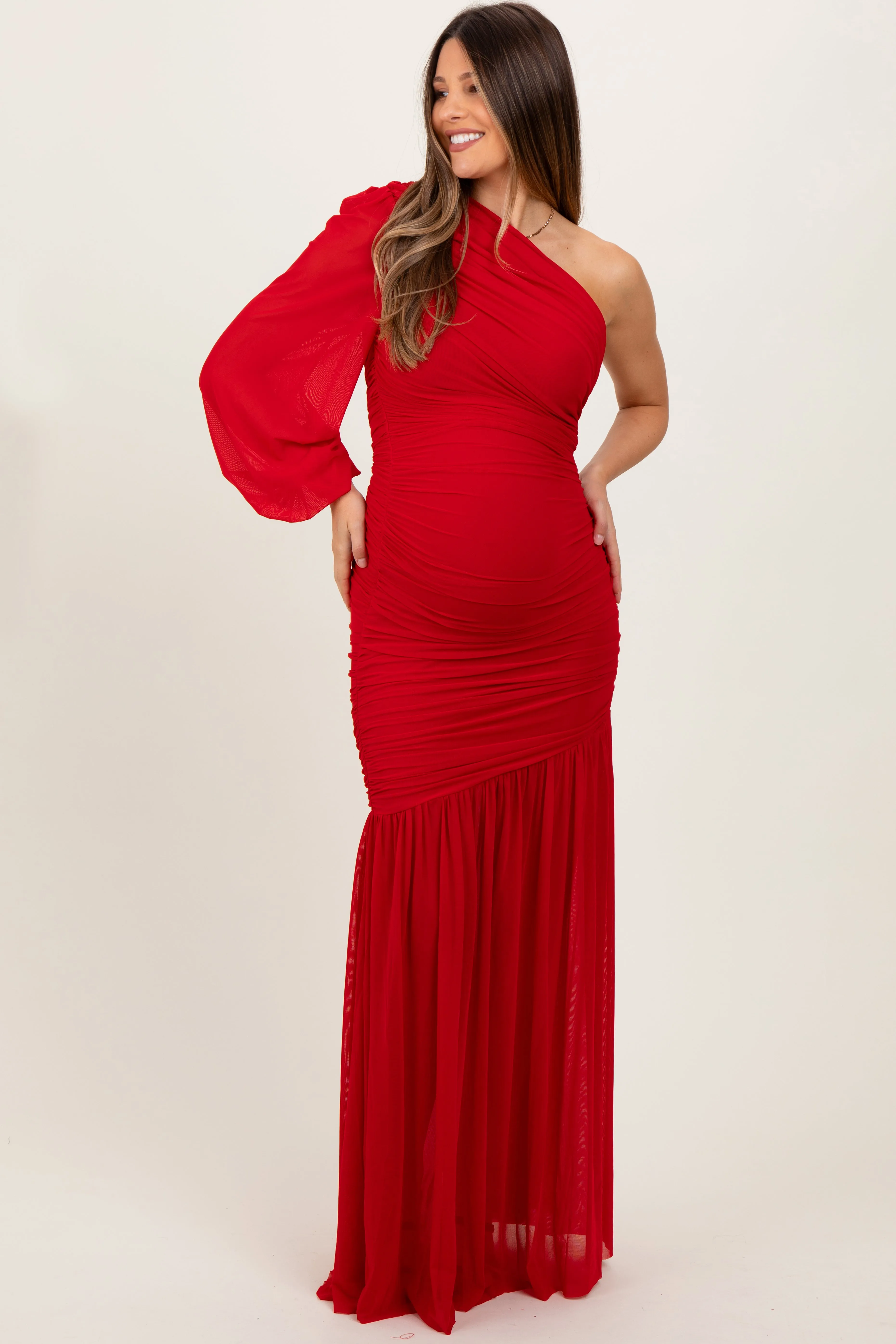 Red Ruched Mesh One Shoulder Asymmetric Maternity Maxi Dress sold by Pinkblush product image thumbnail 2