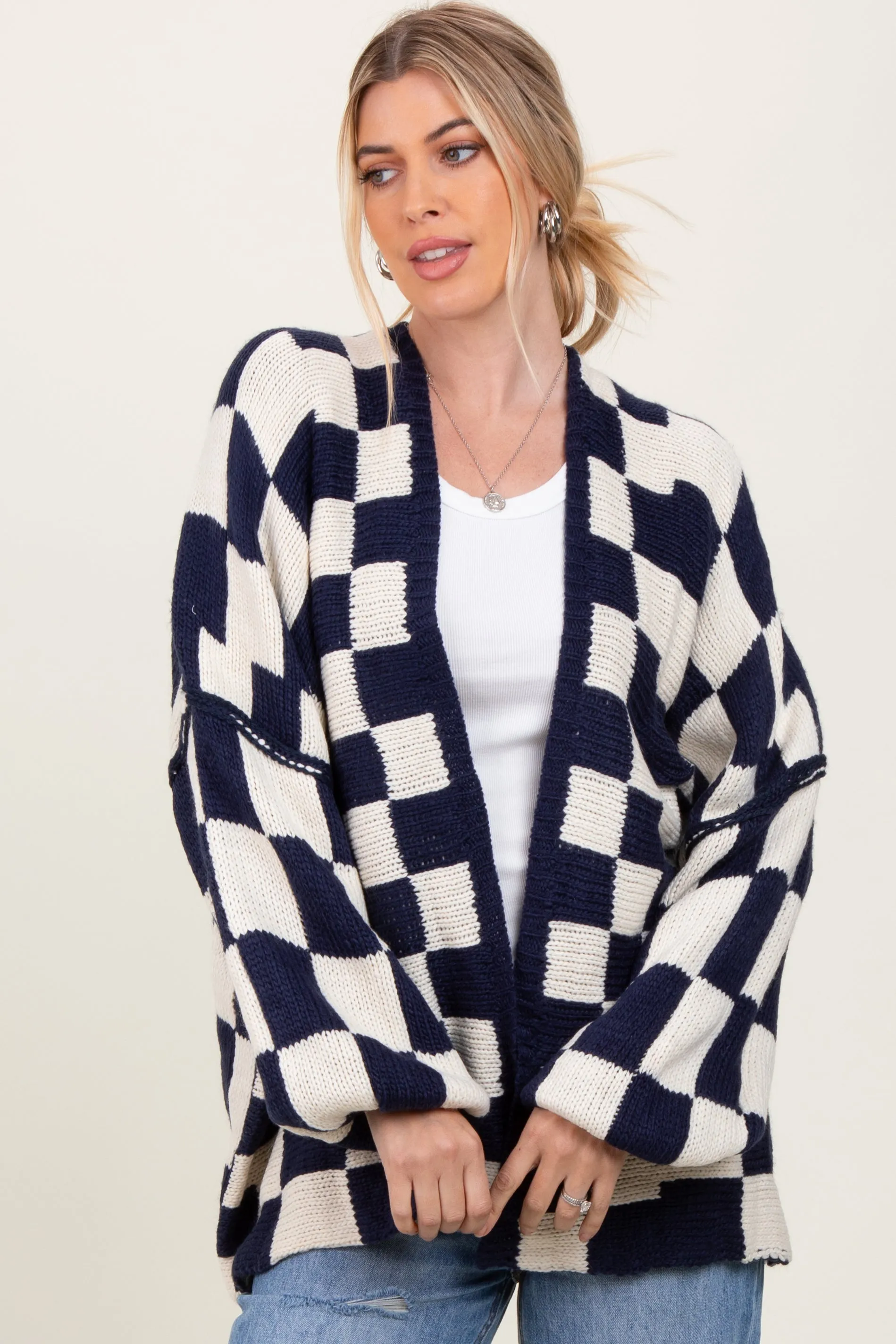 Navy Checkered Oversized Cardigan sold by Pinkblush