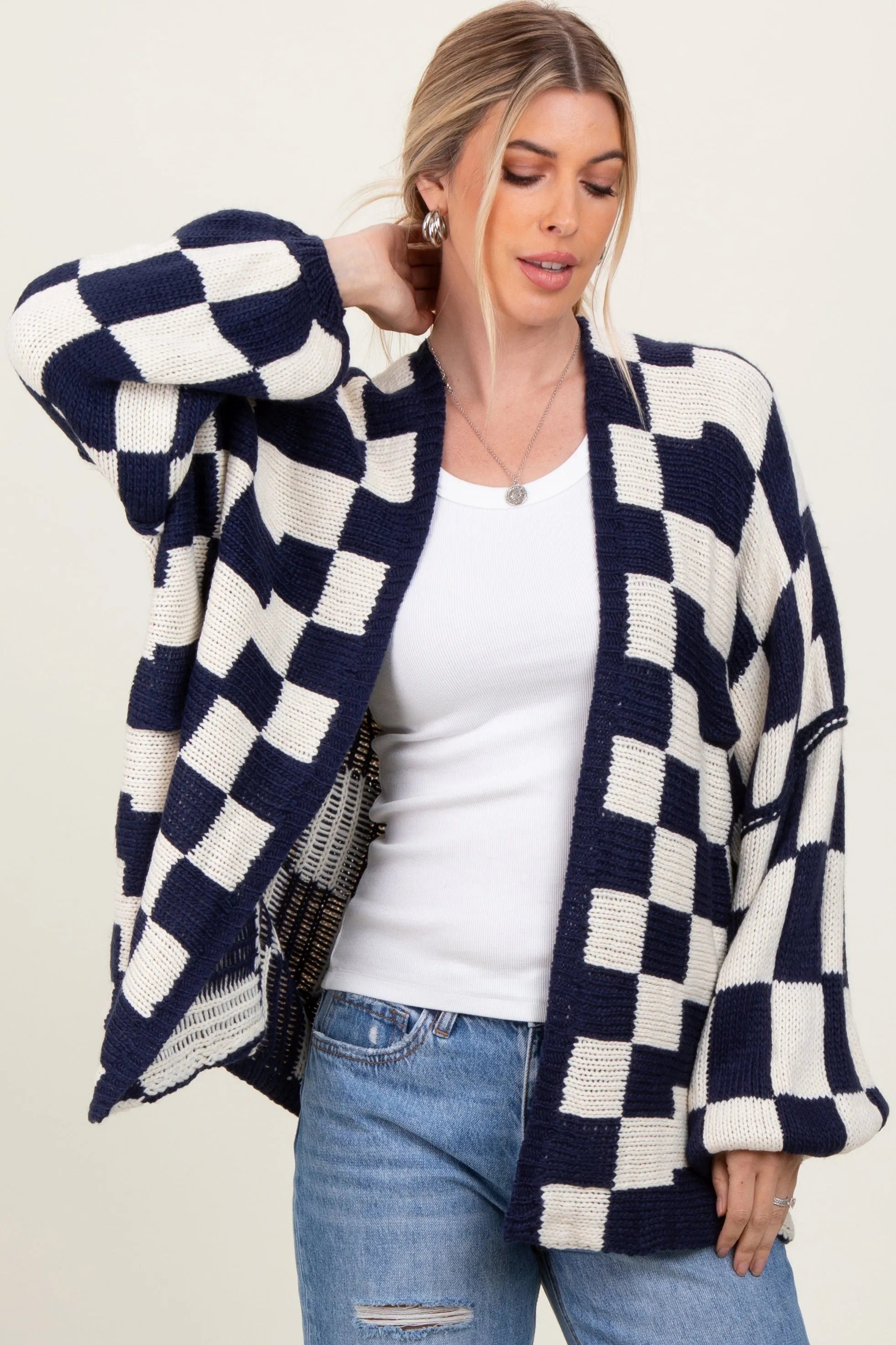 Navy Checkered Oversized Cardigan sold by Pinkblush product image thumbnail 2
