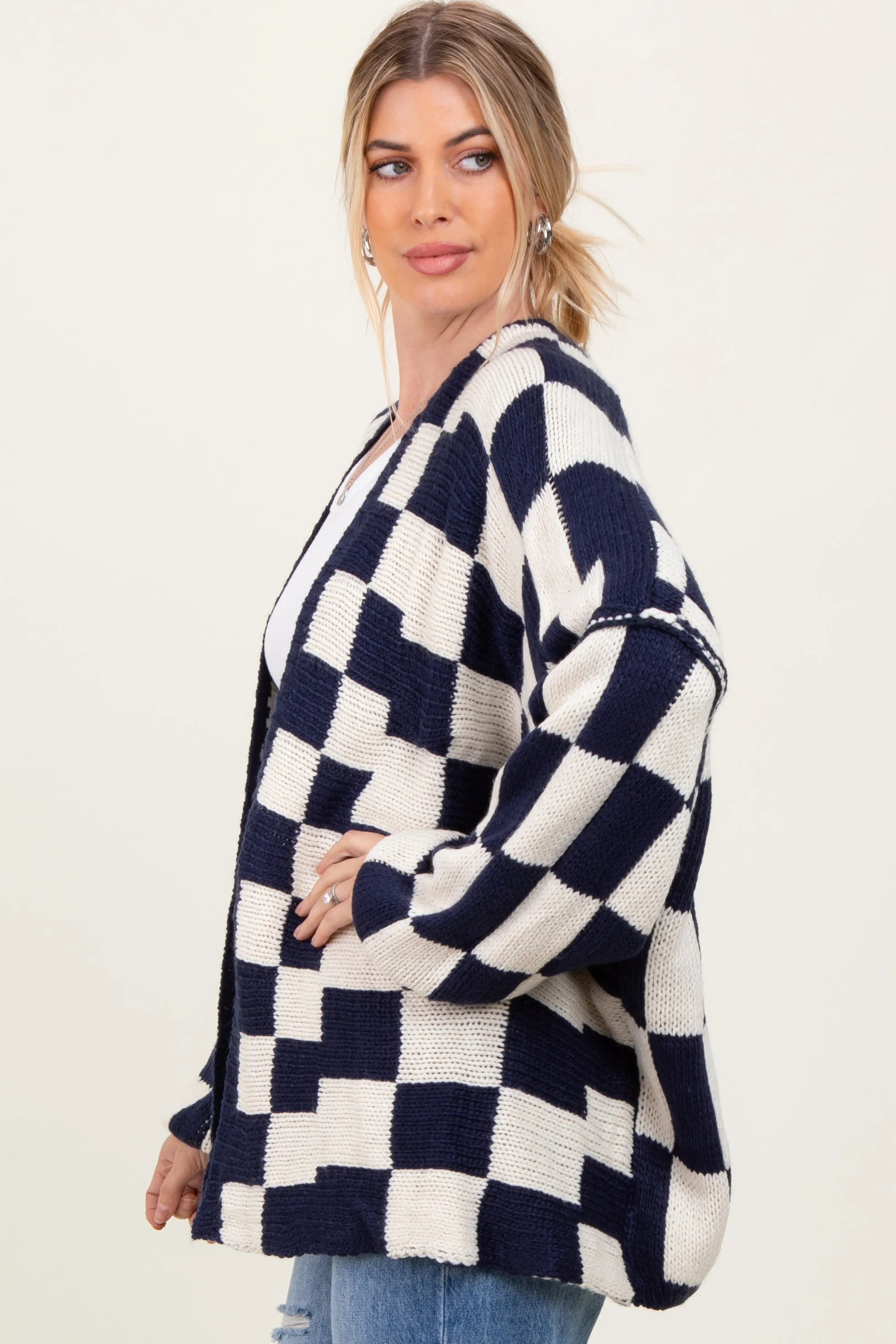 Navy Checkered Oversized Cardigan sold by Pinkblush product image thumbnail 3