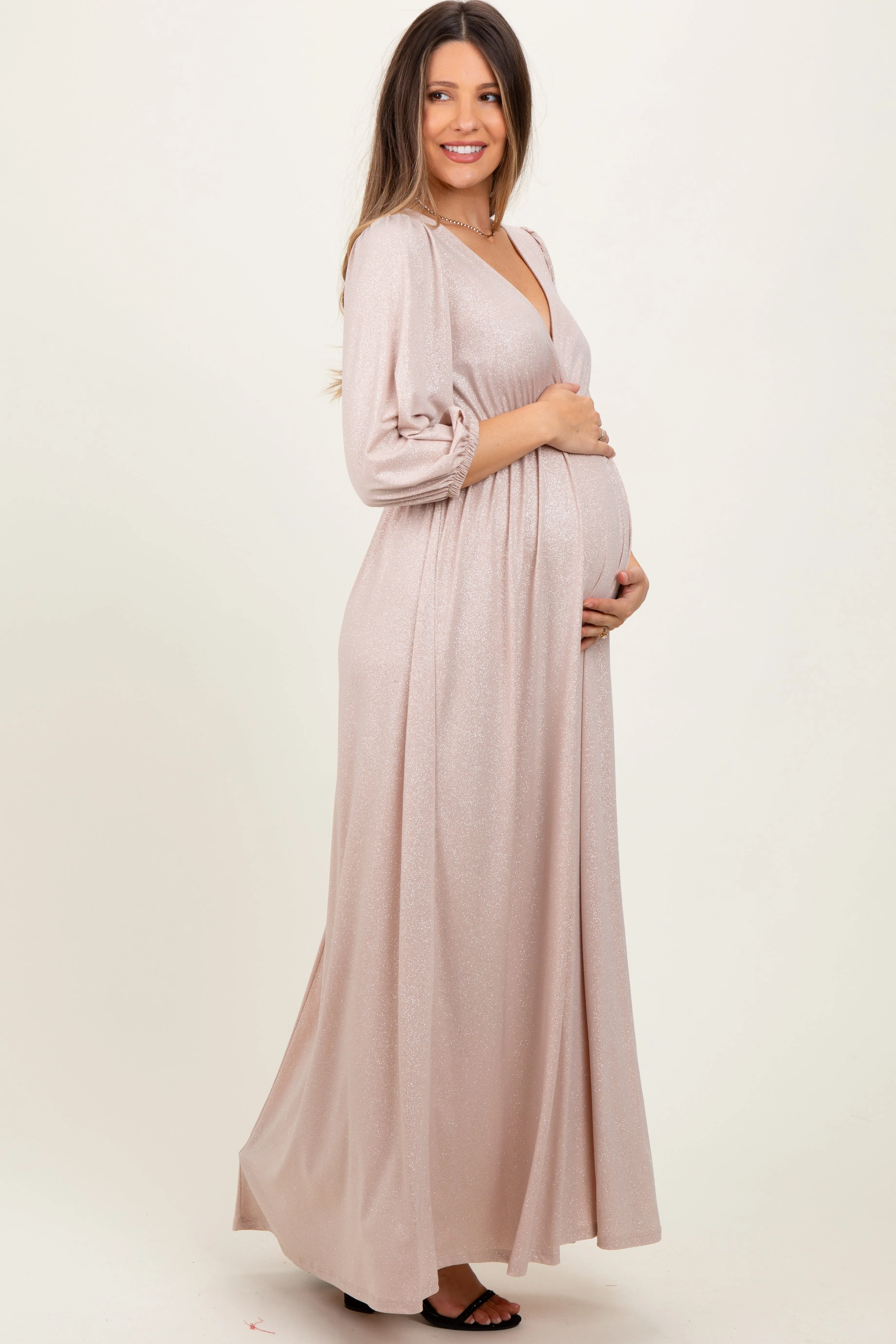 Beige Glitter V-Neck Maternity Maxi Dress sold by Pinkblush product image thumbnail 3