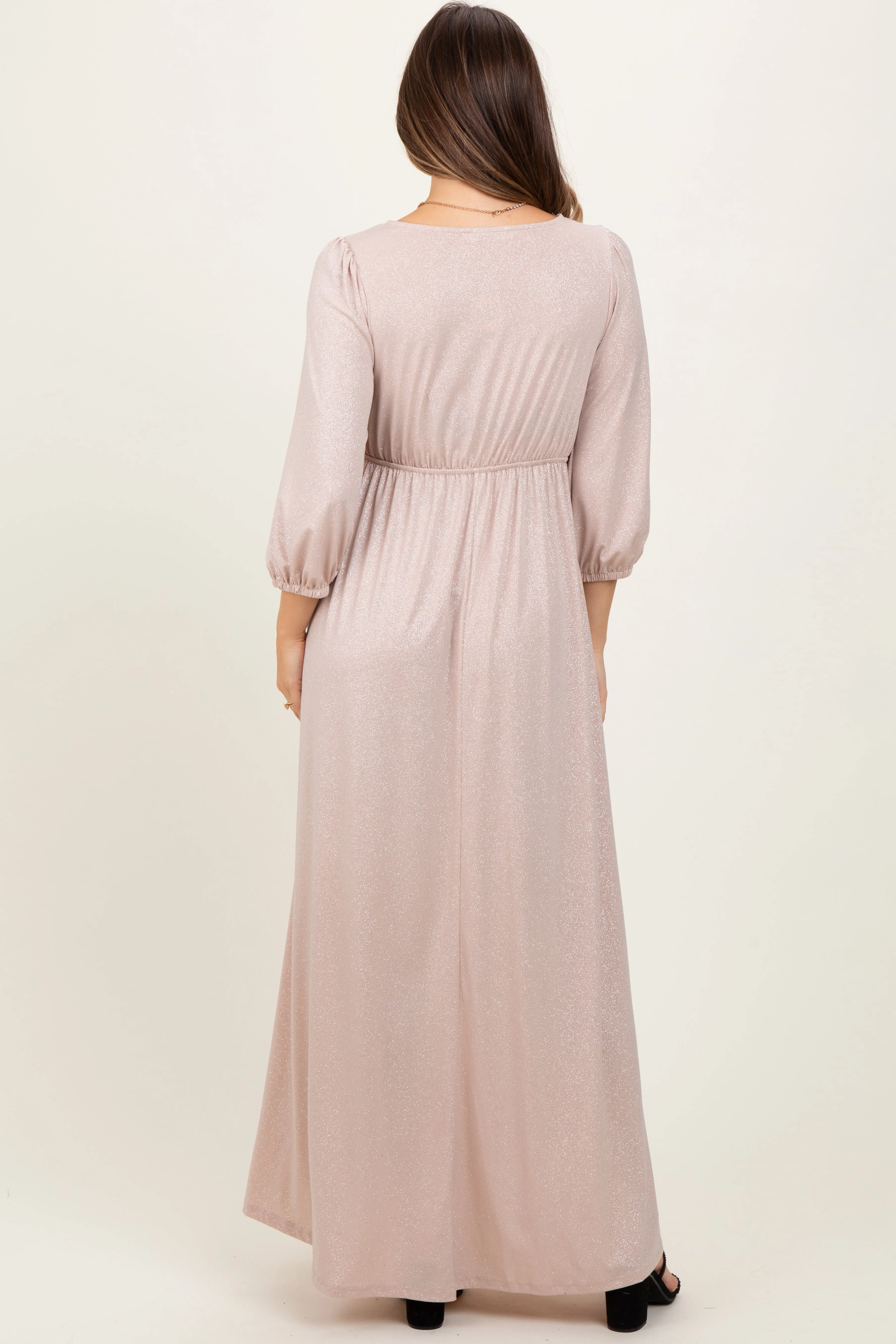 Beige Glitter V-Neck Maternity Maxi Dress sold by Pinkblush product image thumbnail 4