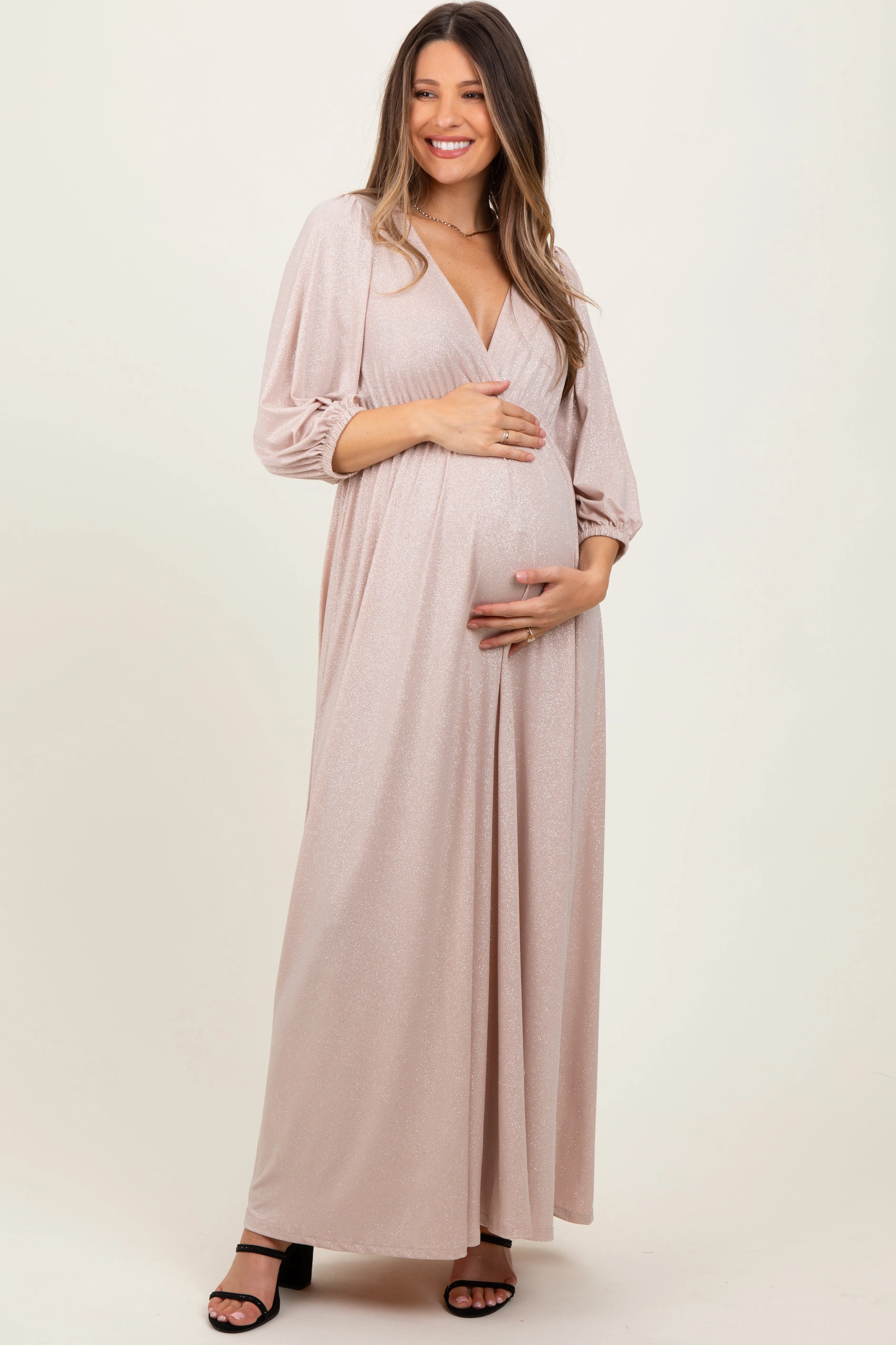 Beige Glitter V-Neck Maternity Maxi Dress sold by Pinkblush