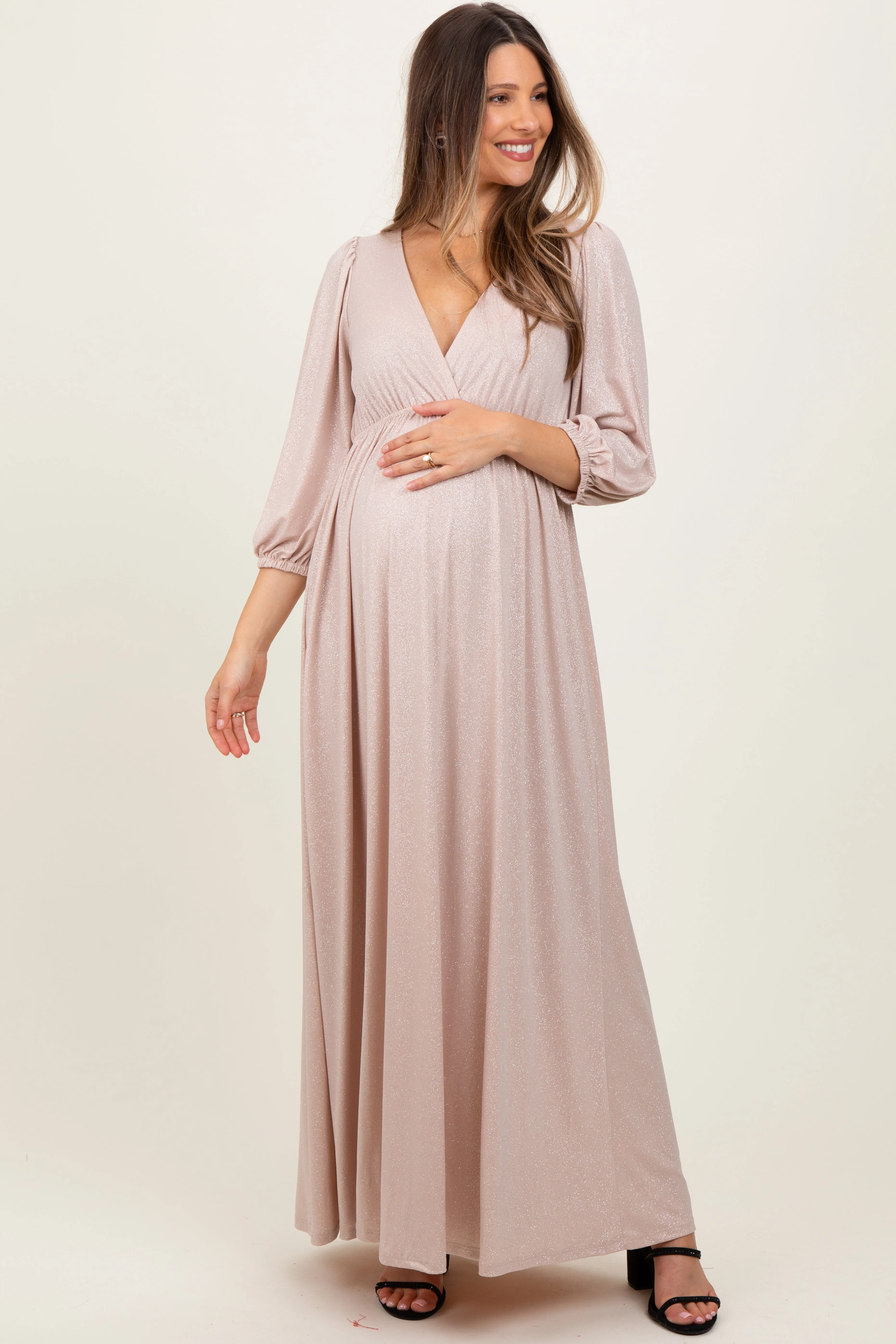 Beige Glitter V-Neck Maternity Maxi Dress sold by Pinkblush product image thumbnail 2
