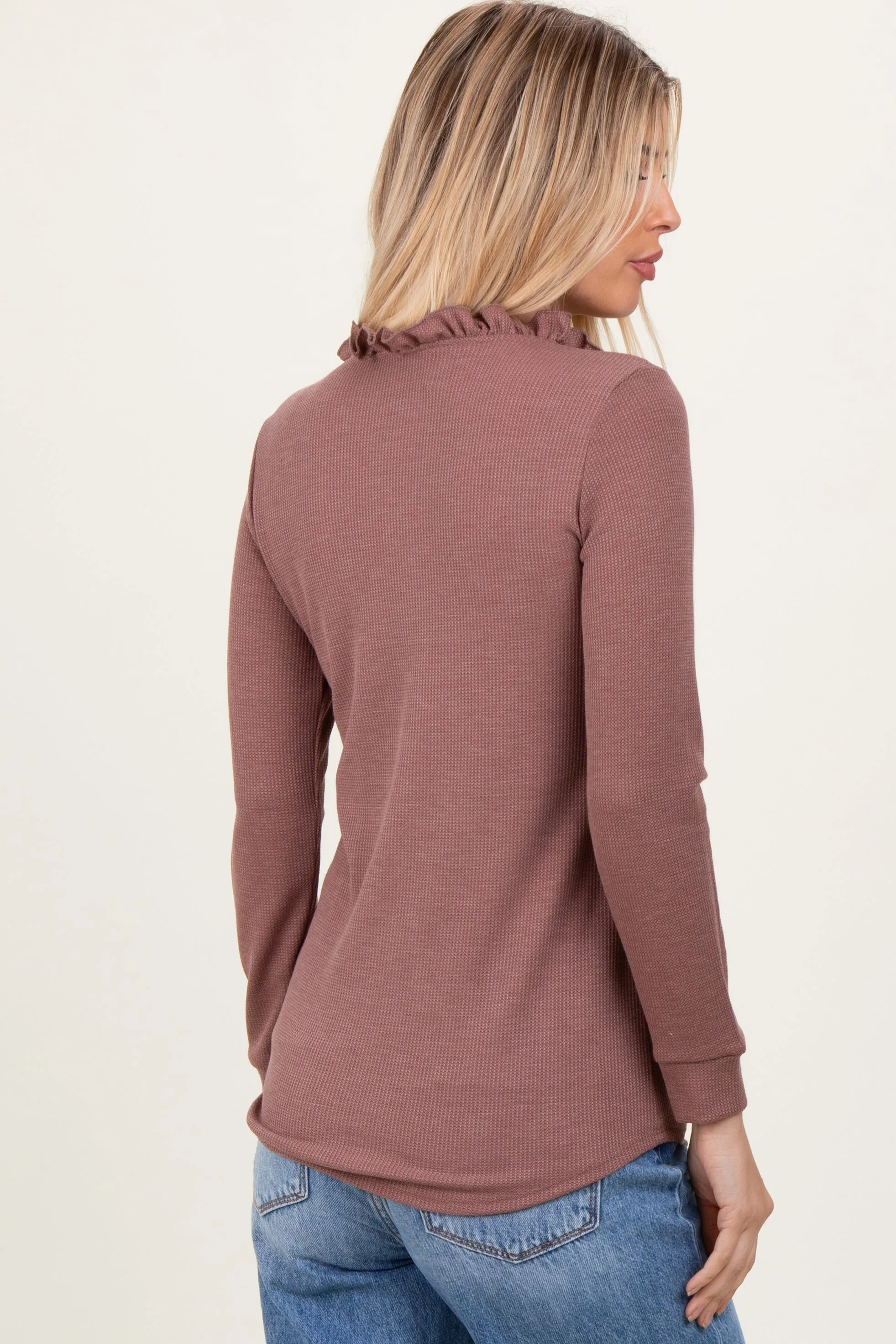 Plum Ruffle Collar Micro Waffle Knit Henley Top sold by Pinkblush product image thumbnail 4