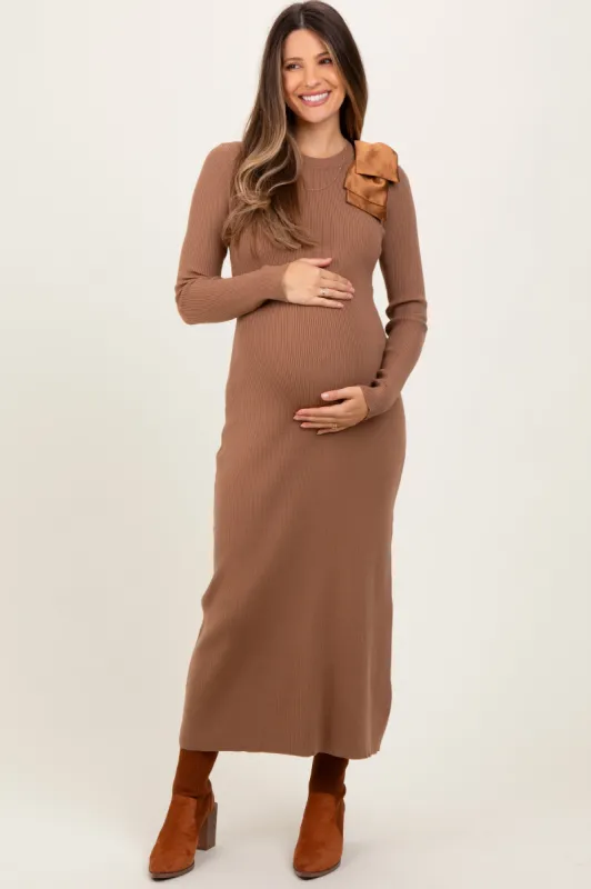 Mocha Shoulder Bow Detail Maternity Midi Knit Dress sold by Pinkblush